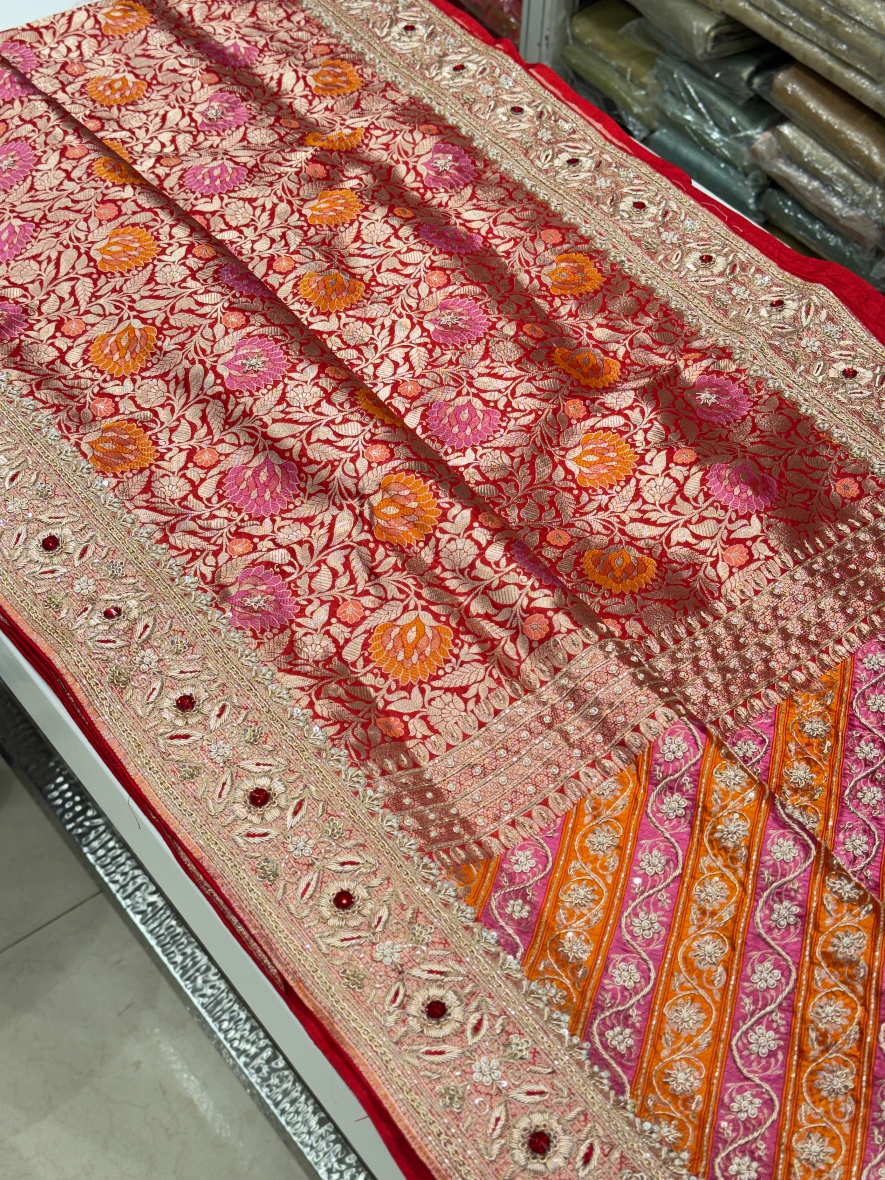 Meenakari Banarasi Katan Zardodi Hand Embroidery Crystal Saree