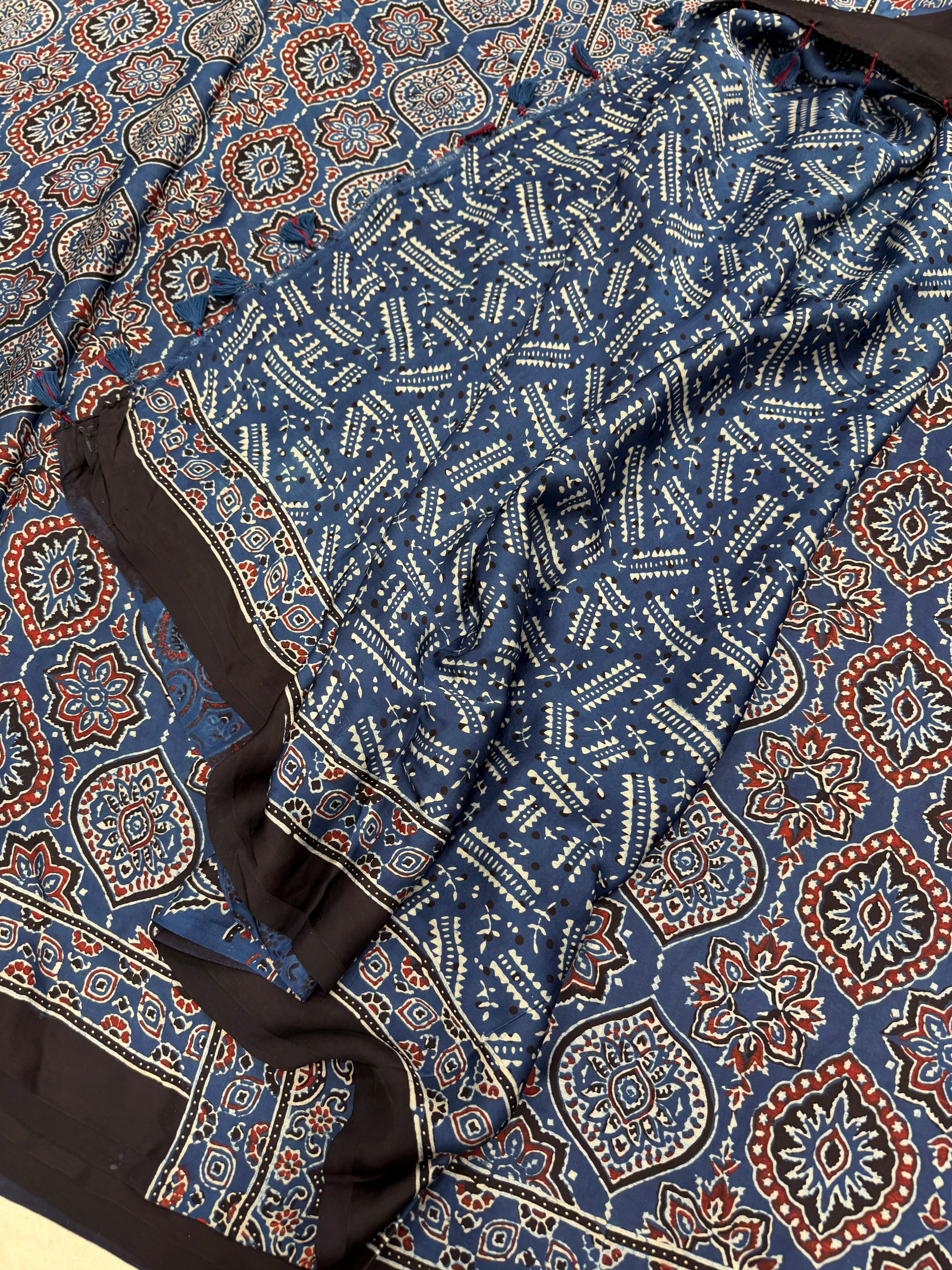 Blue Badam Jaal Ajrakh Hand Block Print Pure Gajji Silk Saree