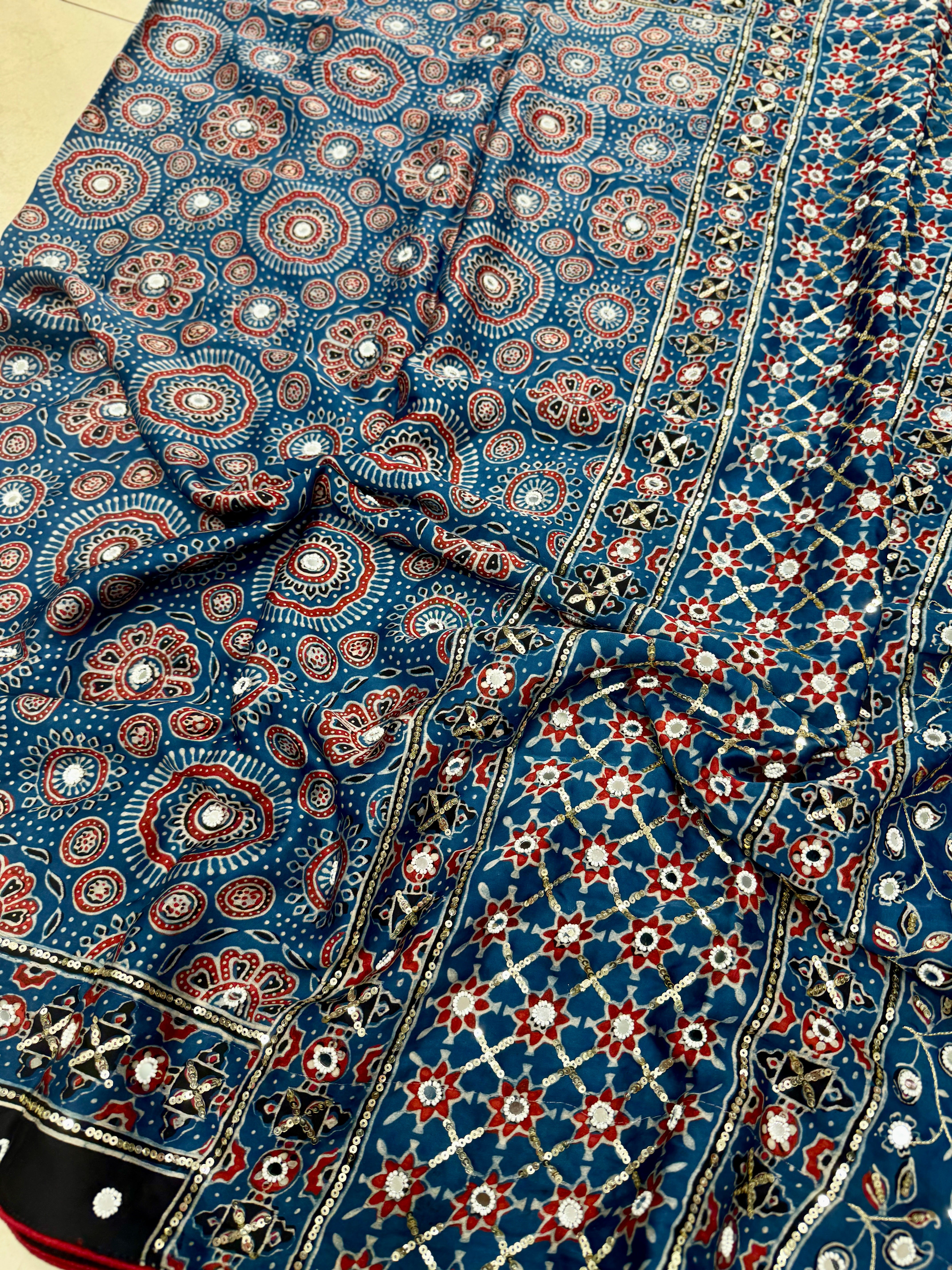 Blue Badam Butta Ajrakh Sequin Mirror Moti Hand Embroidery Saree