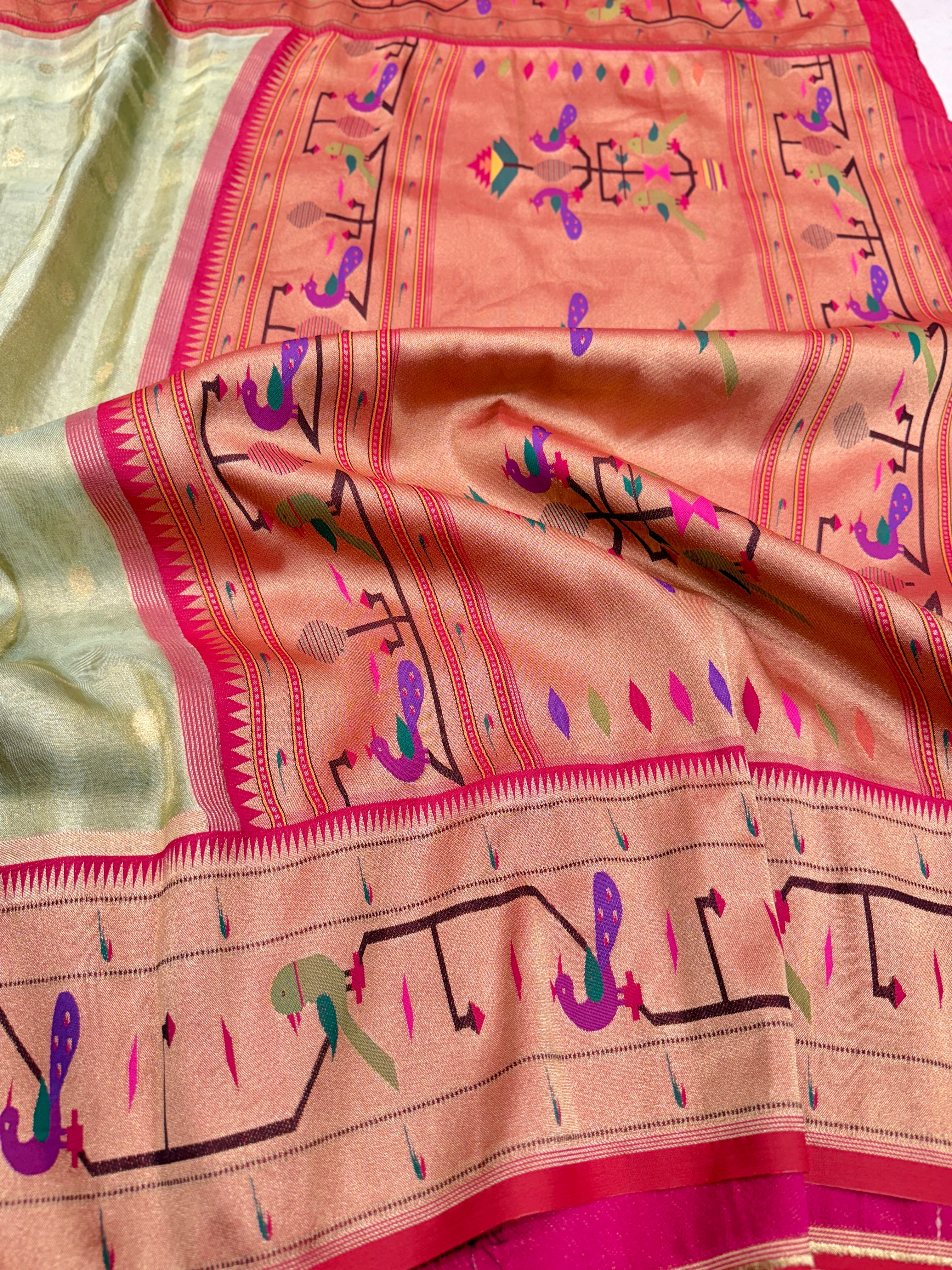 Pista Green Tissue Paithani Peacock Parrot Border Saree