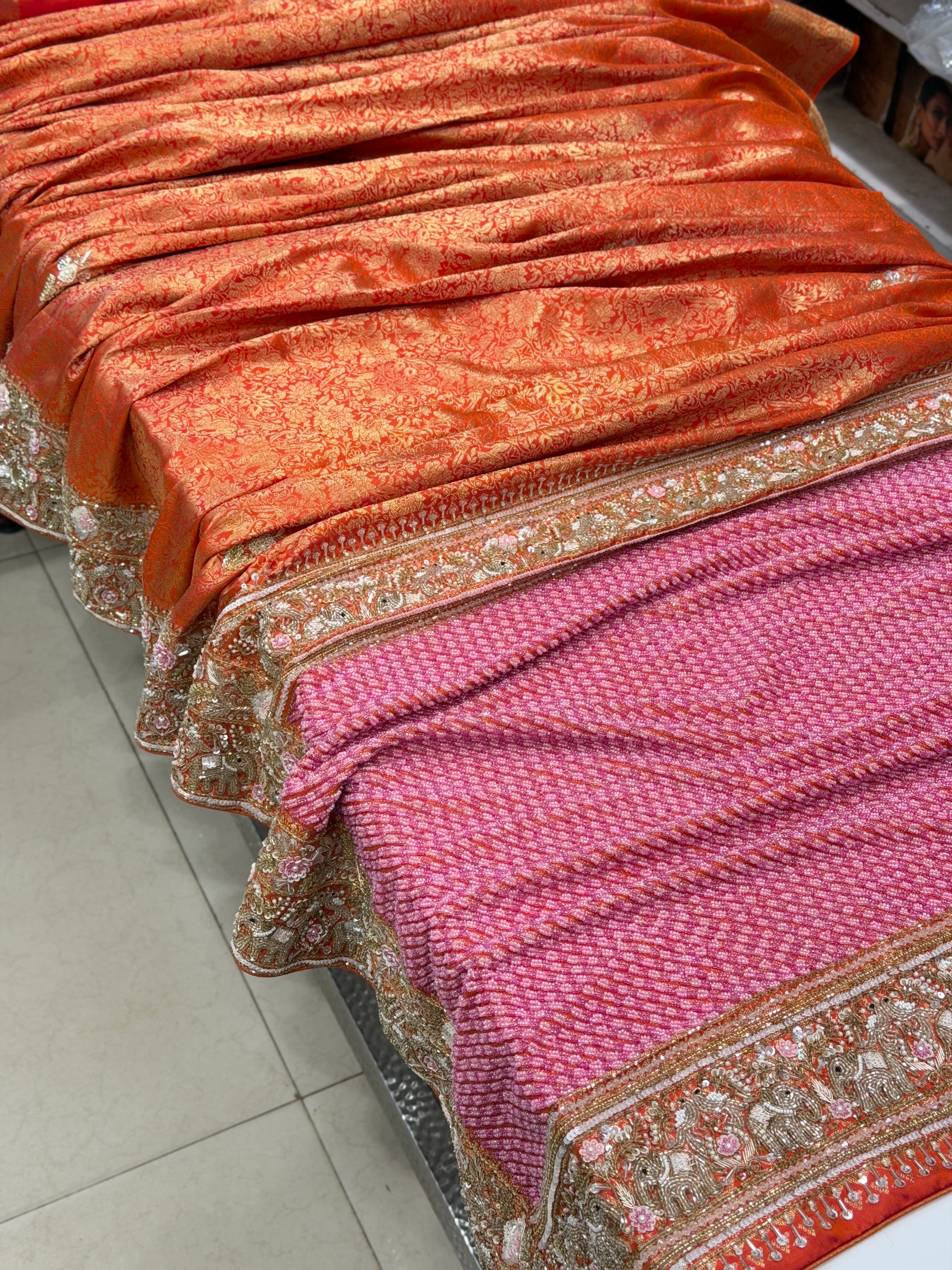 Orange Kanjivaram Elephant Motif Zardosi Moti Hand Embroidery Saree