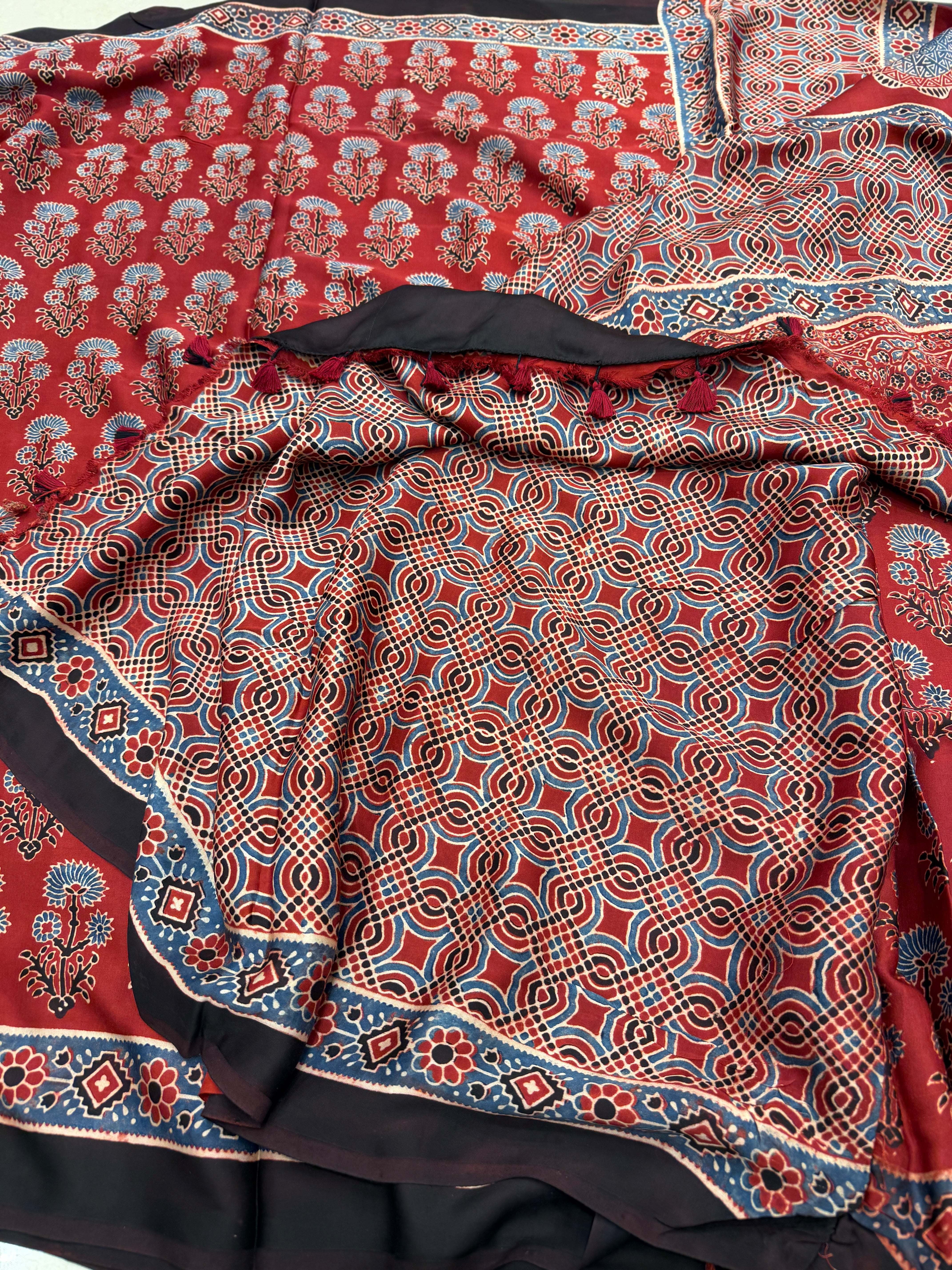 Red Buttas Ajrakh Hand Block Print Pure Gajji Silk Saree