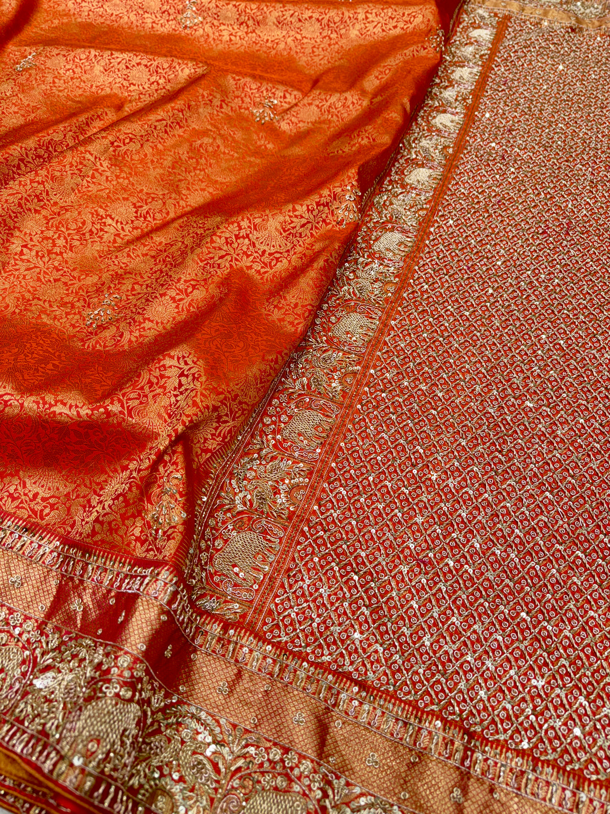Rust Orange Kanjivaram Elephant Motifs Zardosi Hand Embroidery Saree