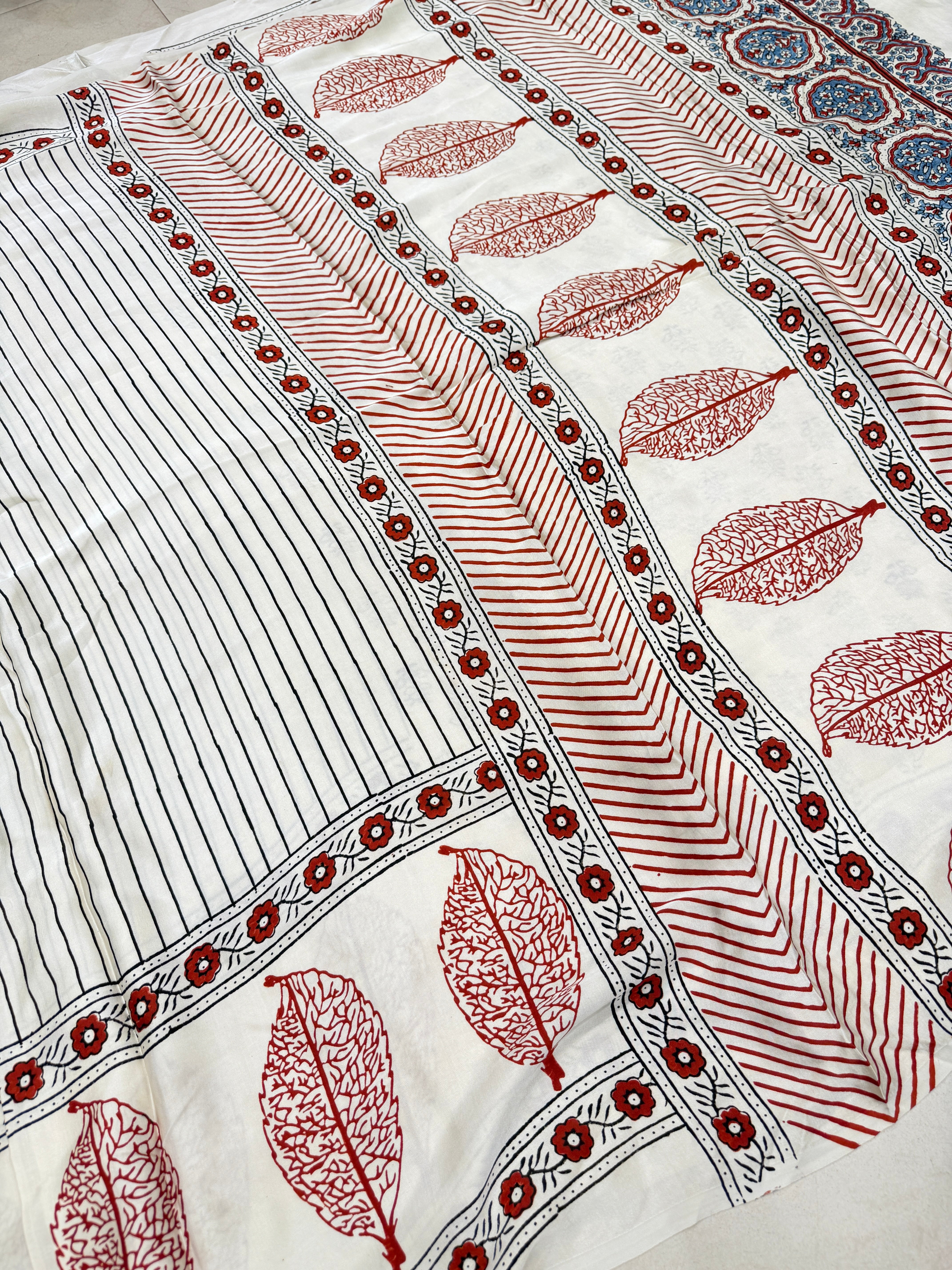 White Red Contemporary Ajrakh Hand Block Print Pure Gajji Silk Saree