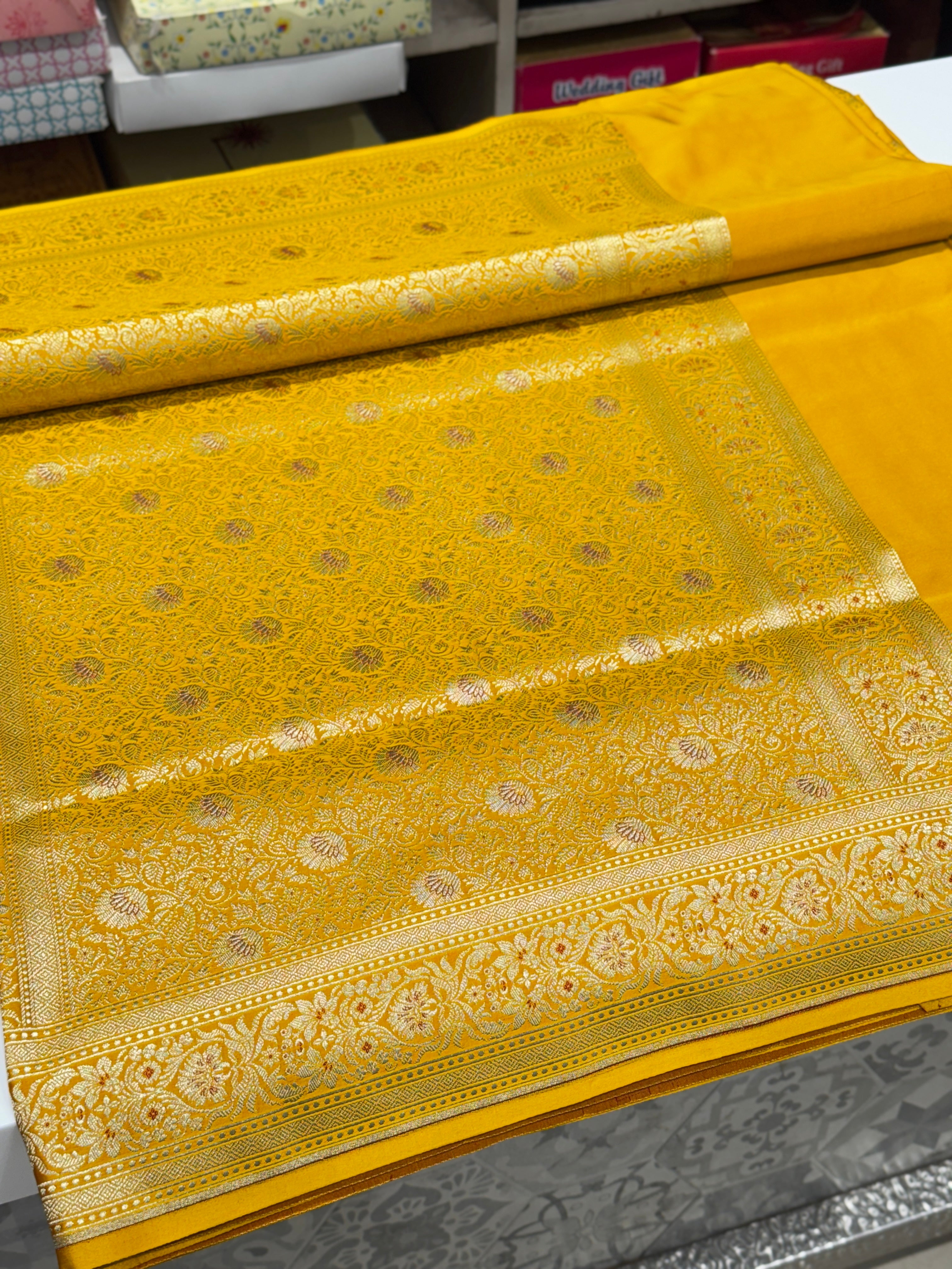 Yellow Banarasi Silk Meena Flower Saree