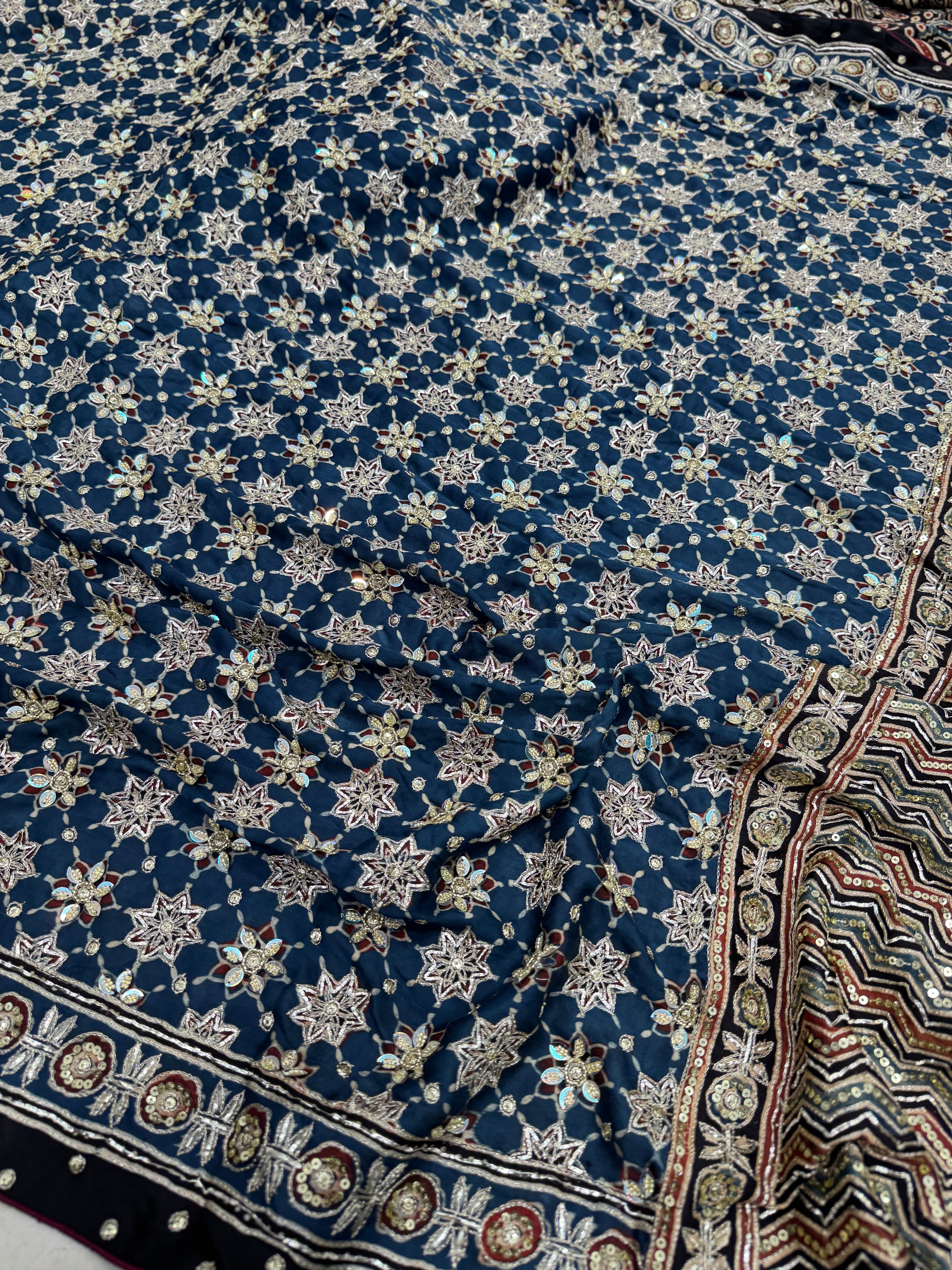 Blue Black Jaal Ajrakh Hand Embroidery Saree