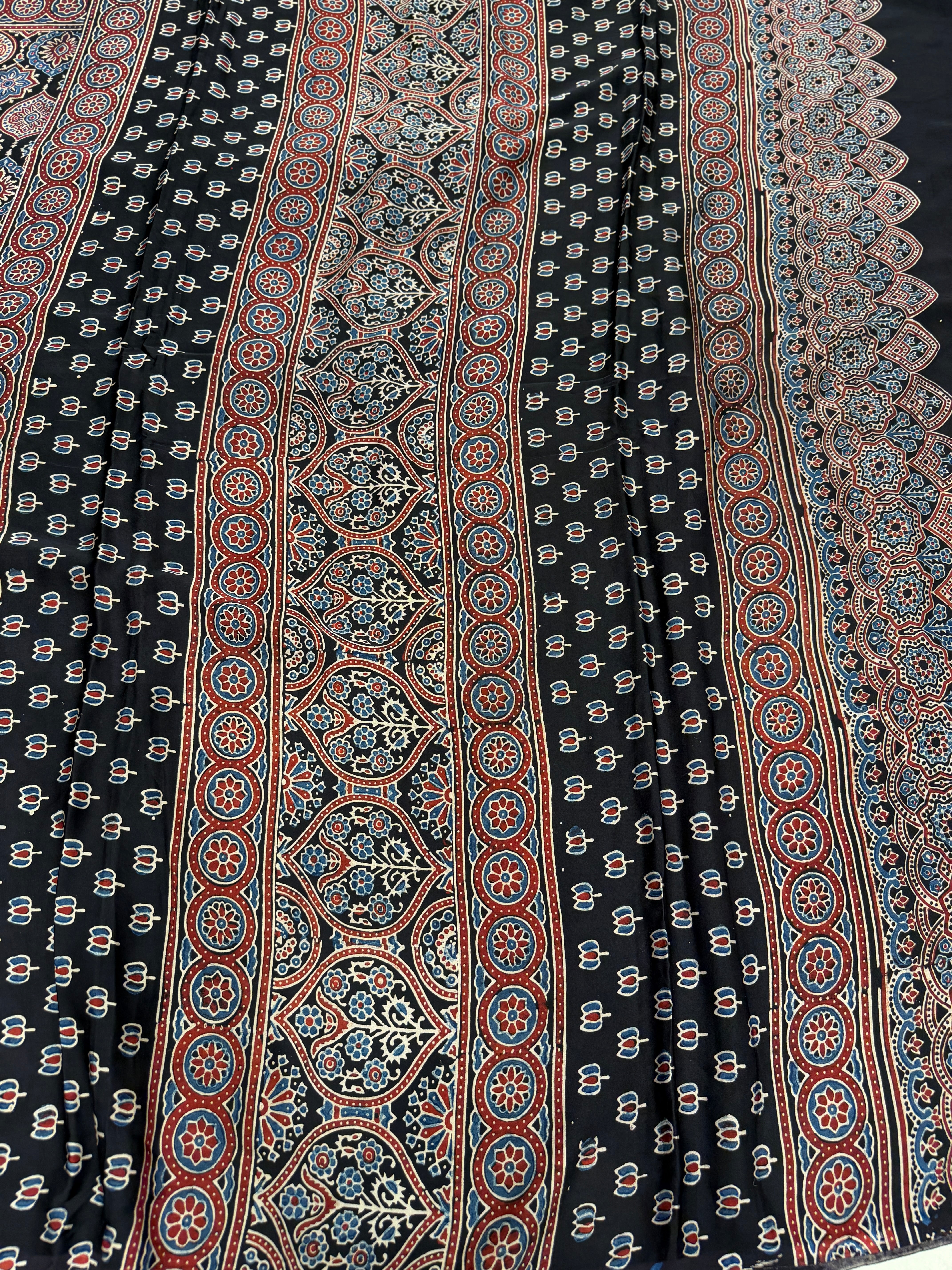 Black Small Badam Jaal Ajrakh Hand Block Print Pure Gajji Silk Saree