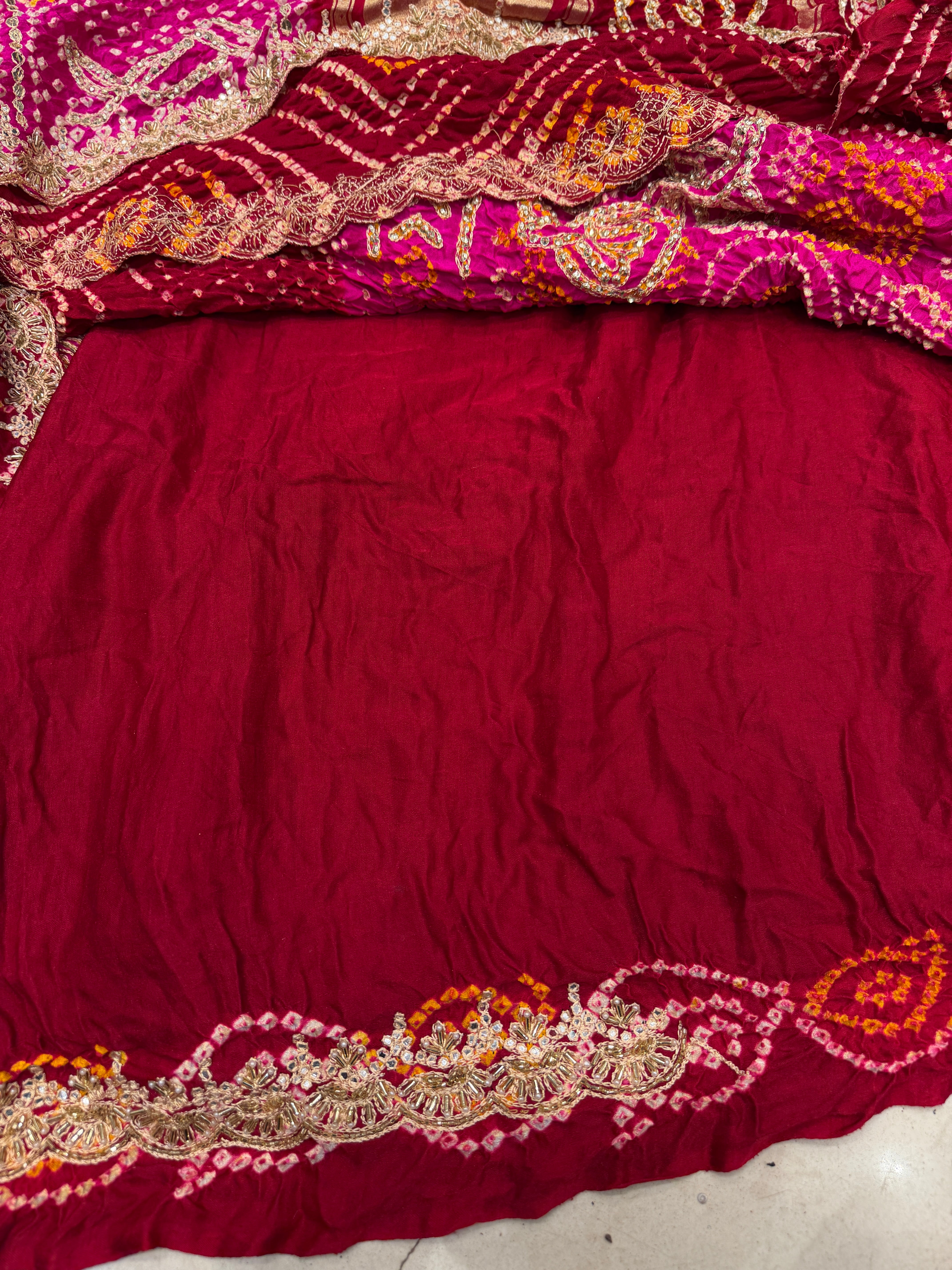 Maroon Rani Gajji Silk Rai Bandhej Gharchola Hand Embroidery Saree