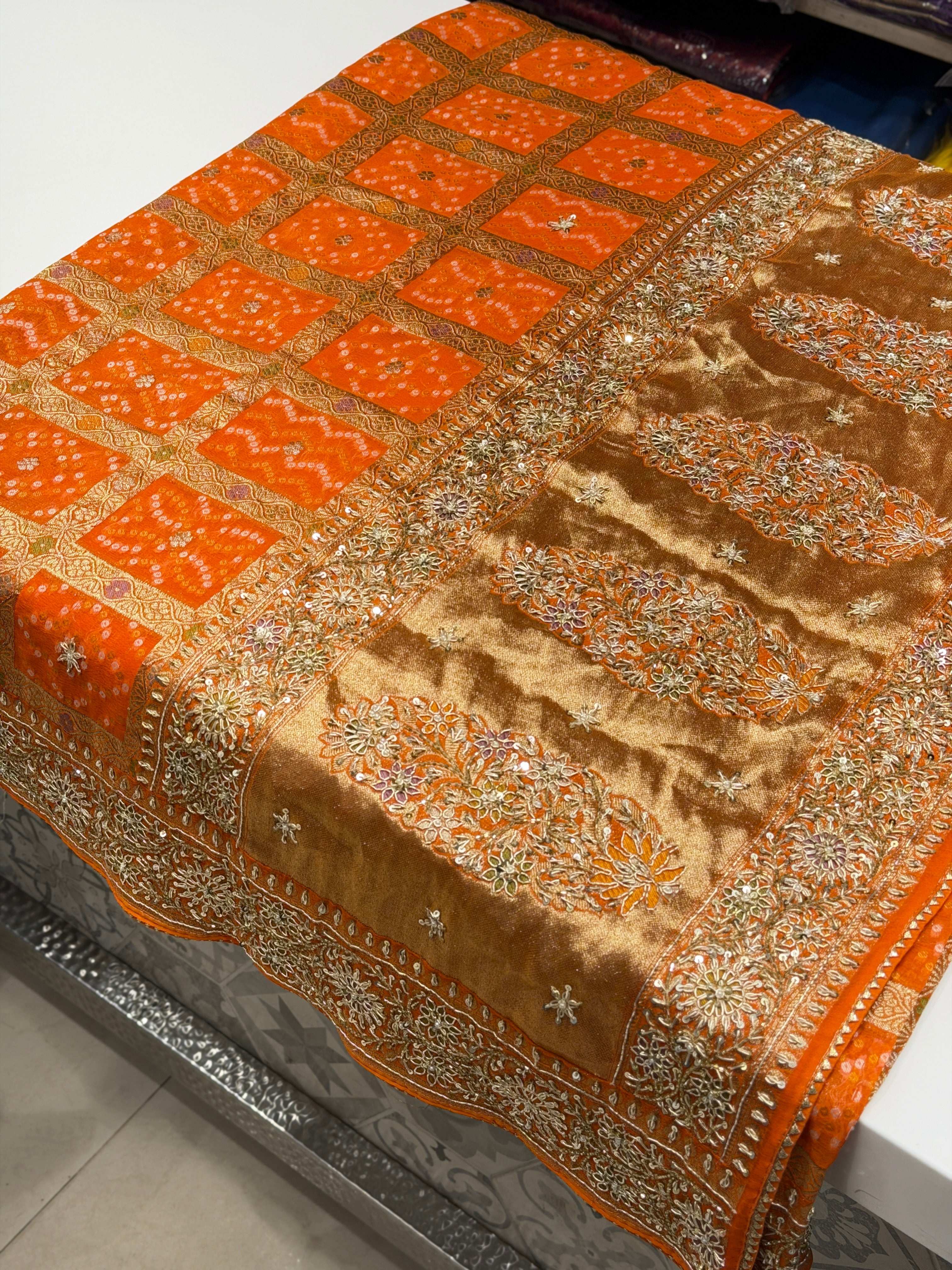 Orange Woven Bandhej Gharchola Hand Embroidery Zardosi Saree