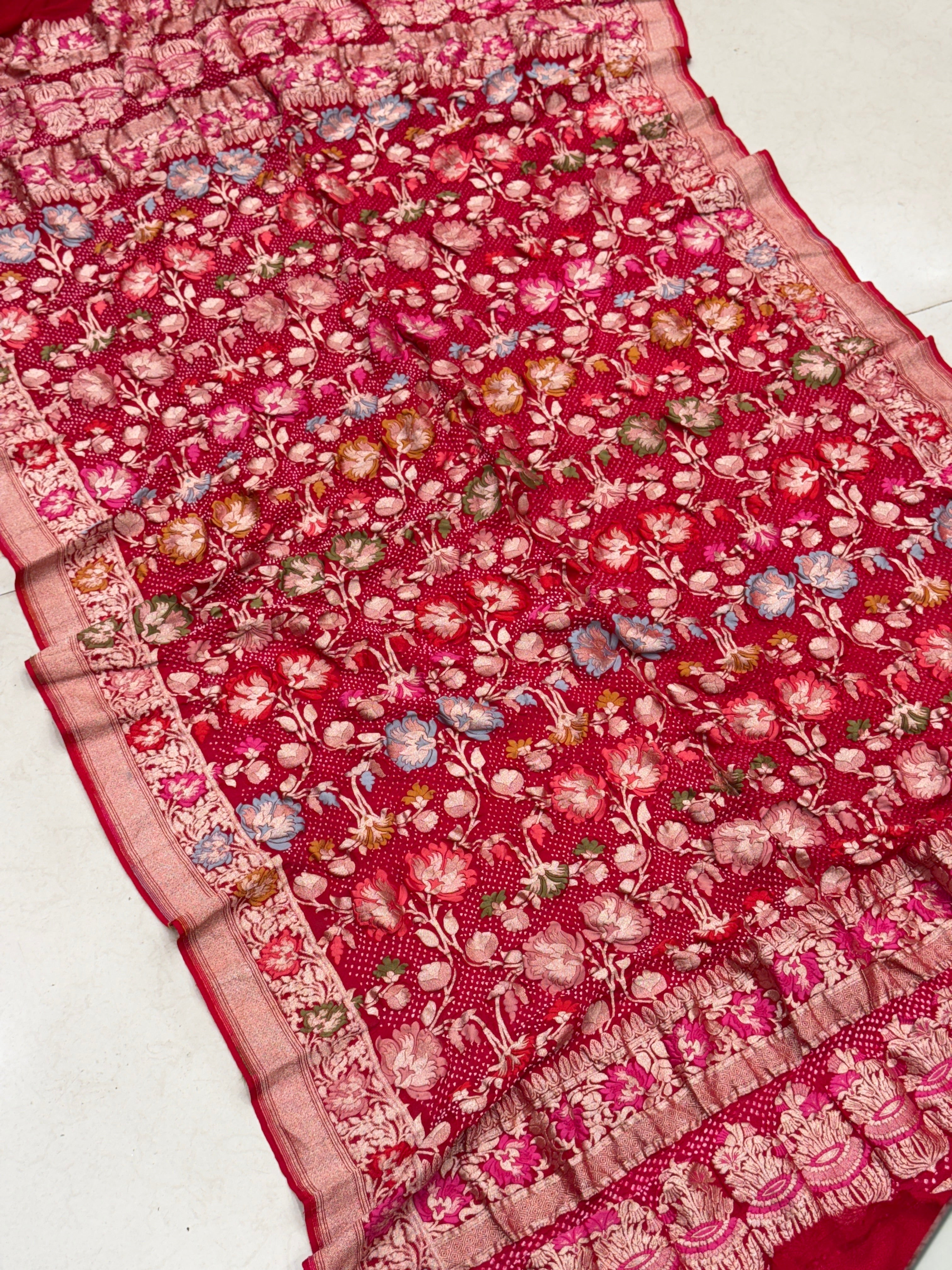Red Jaal Handloom Meenakari Rai Bandhej Pure Zari Dupatta