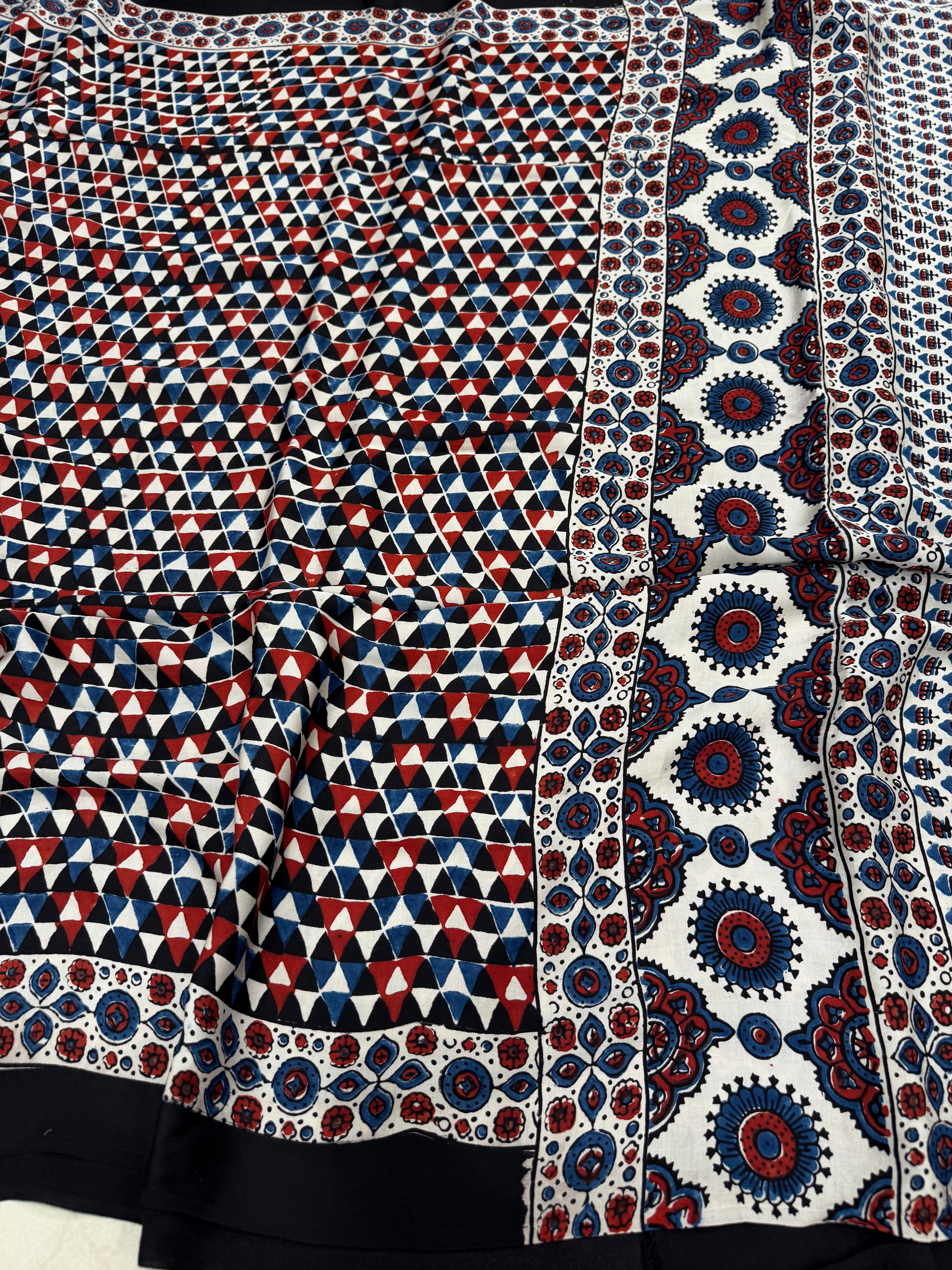 White Triangle Ajrakh Hand Block Print Pure Modal Silk Saree
