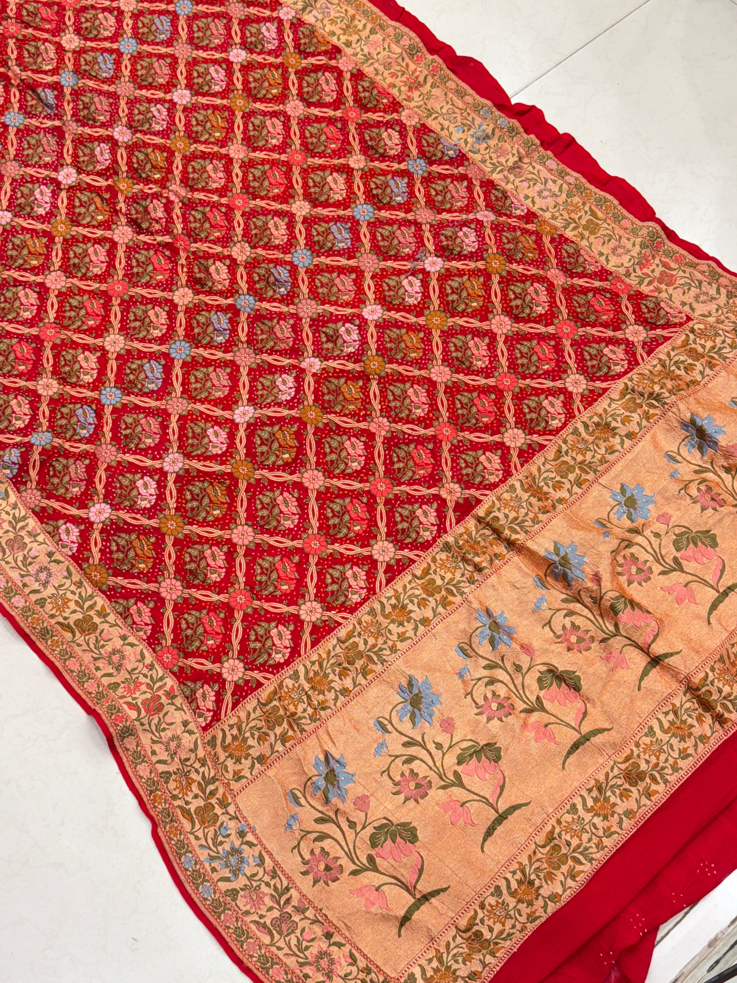 Red Floral Jaal Meenakari Rai Bandhej Georgette Bandhini Saree