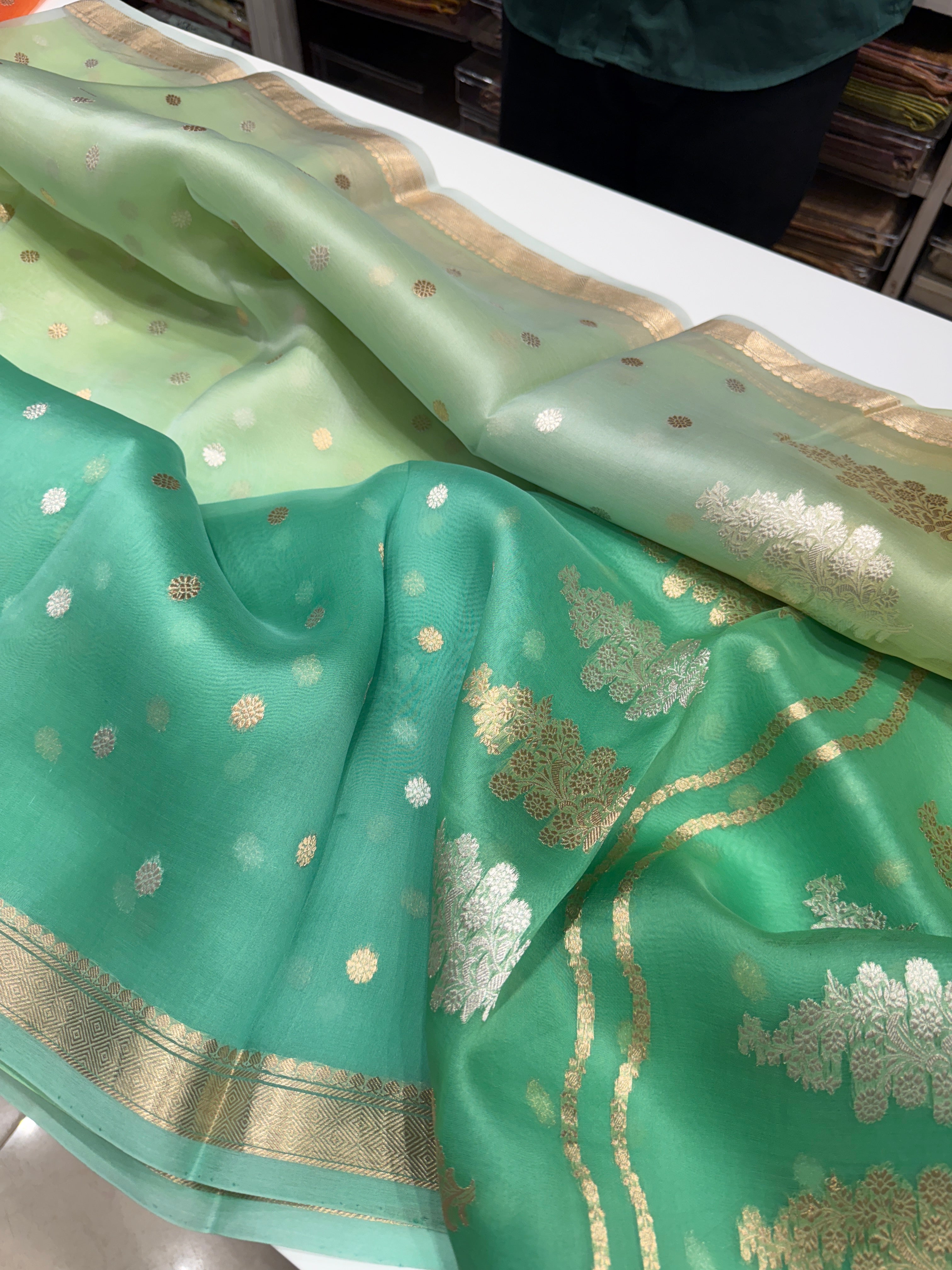 Green Shaded Banarasi Handloom Kora Saree