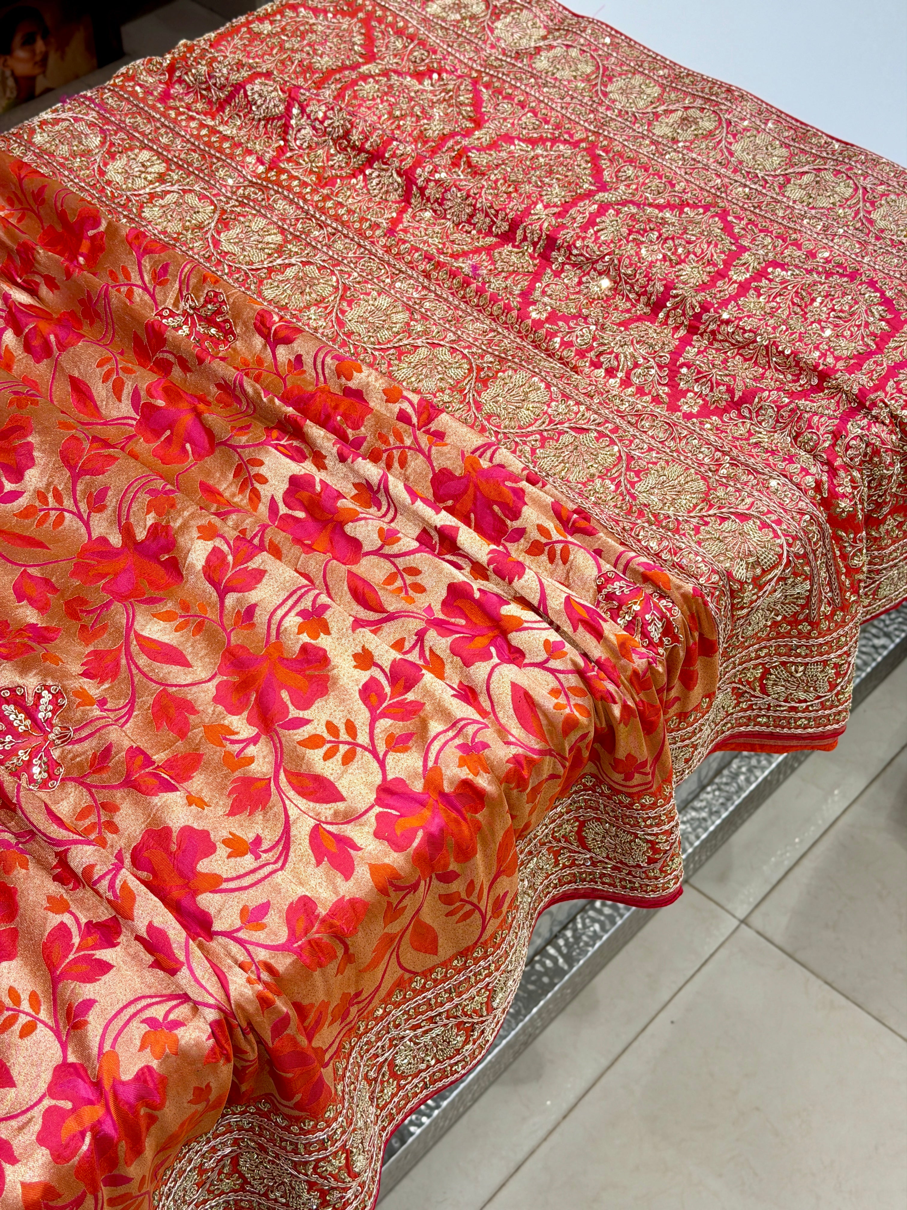 Rust Orange Handloom Banarasi Katan Silk Zardosi Hand Embroidery Saree