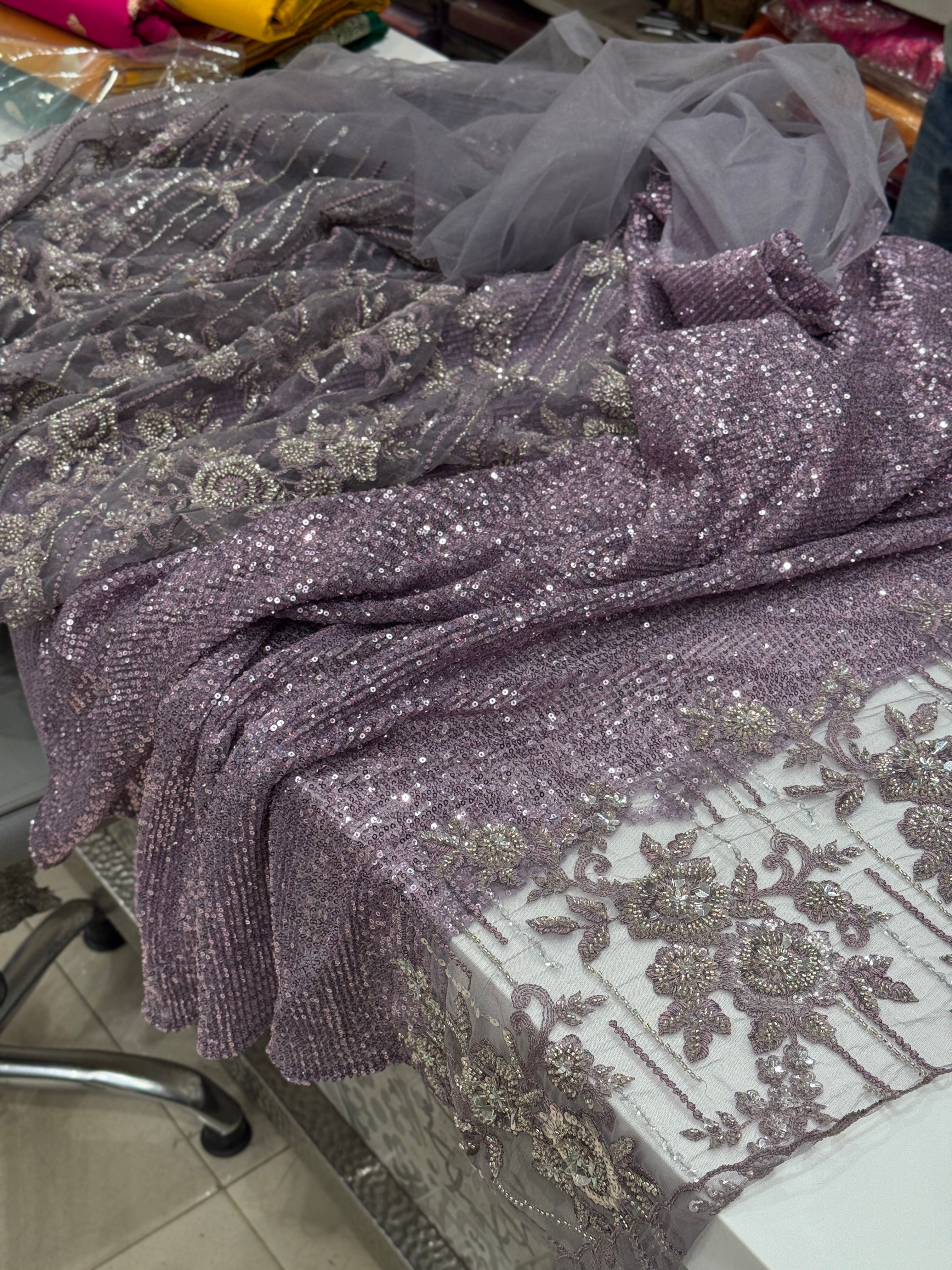 Lilac Embroidery Net Half and Half Saree