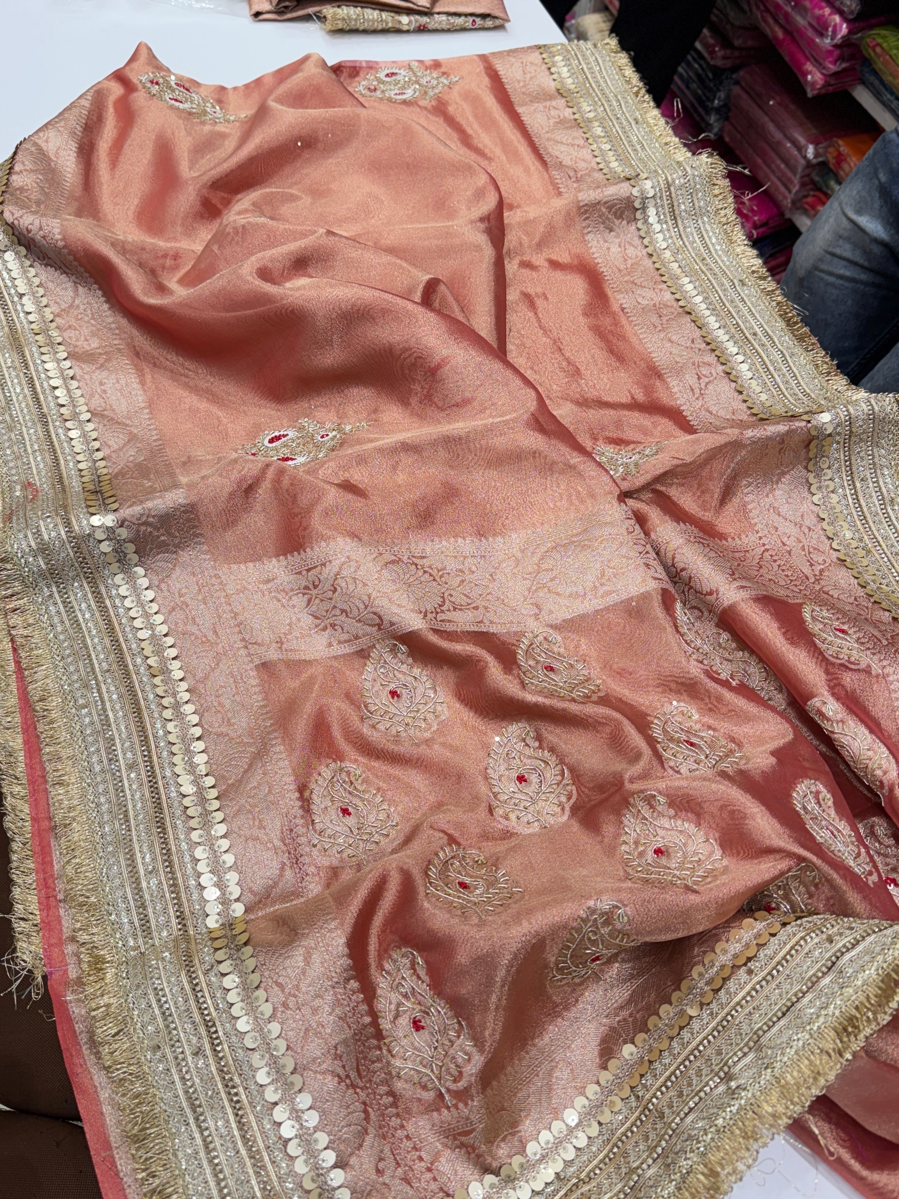 Reddish Pink Tissue Zardozi Butta Saree Maharani