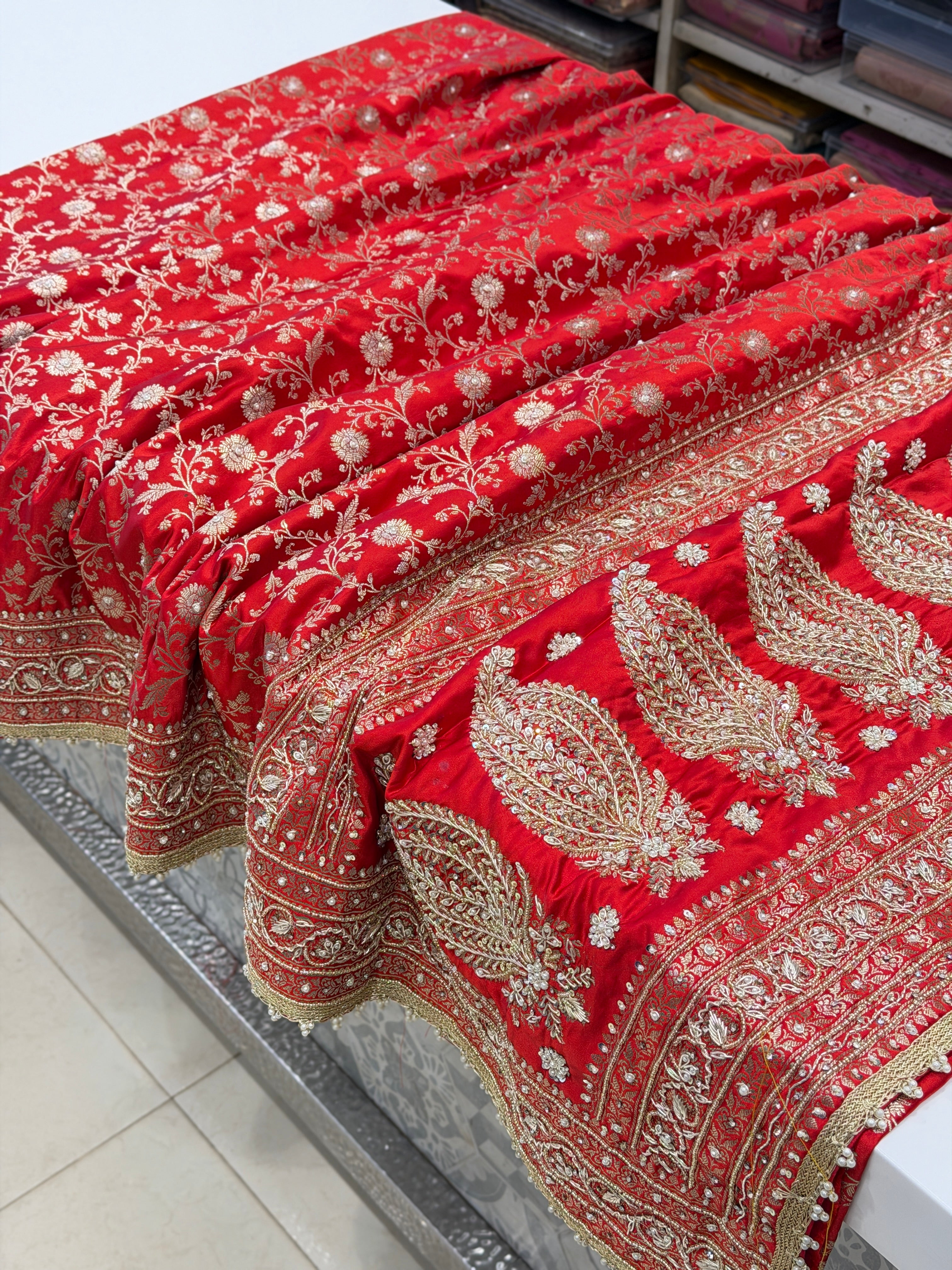 Red Banarasi Sona Roopa Jaal Zardosi Hand Embroidery Saree