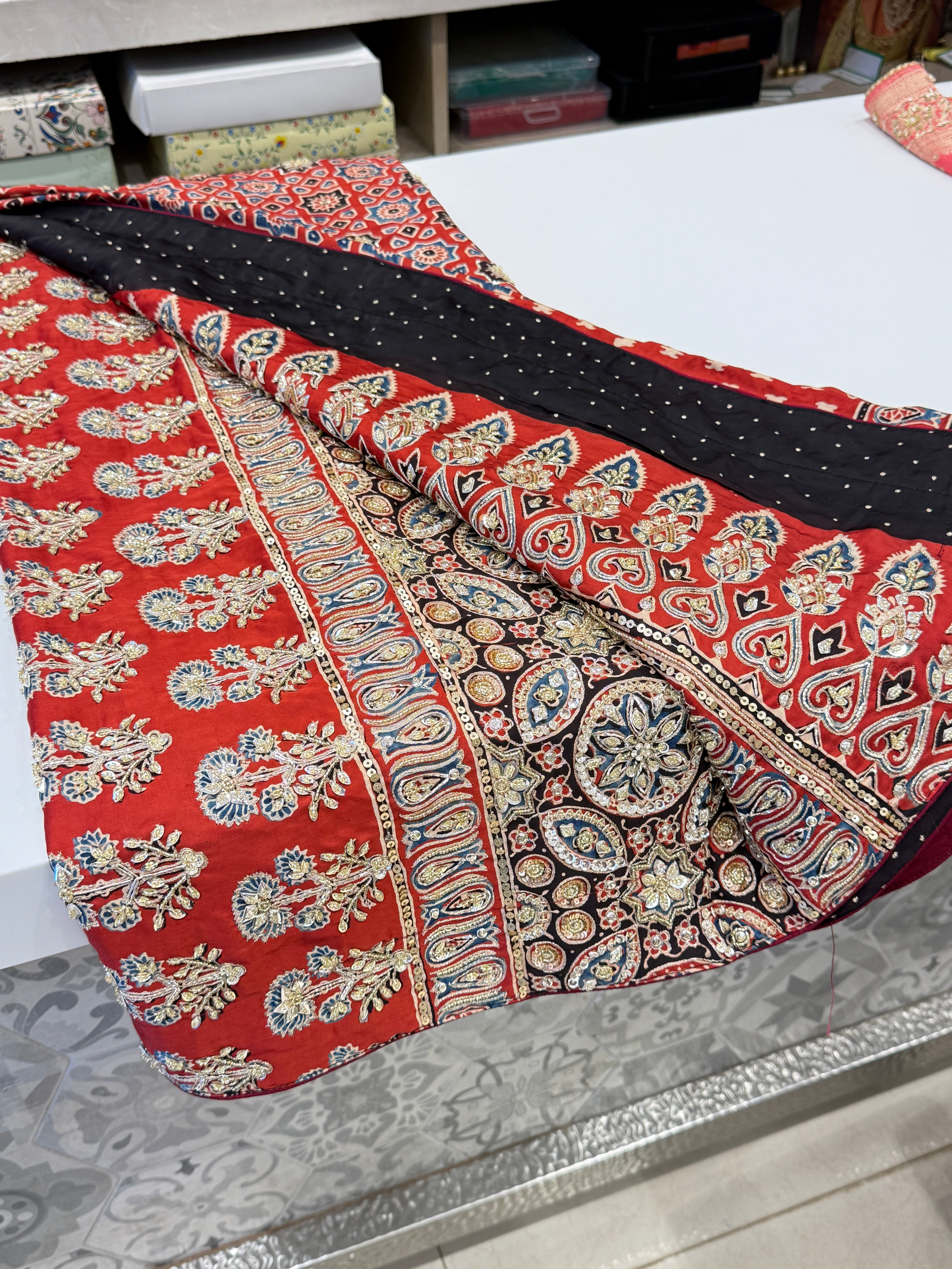 Crimson Hand Embroidery Ajrakh Modal Satin Saree
