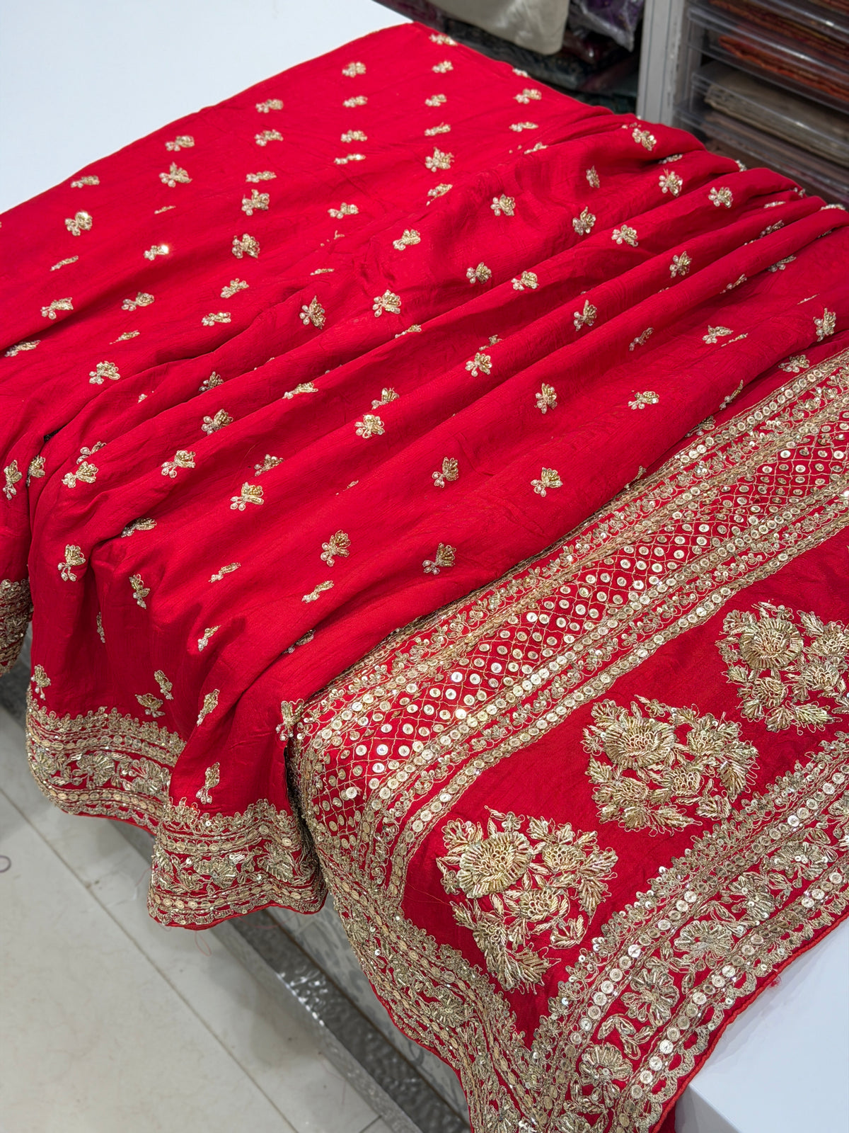 Red Sabyasachi Inspired Matka Silk Marodi Zardosi Buttis Saree