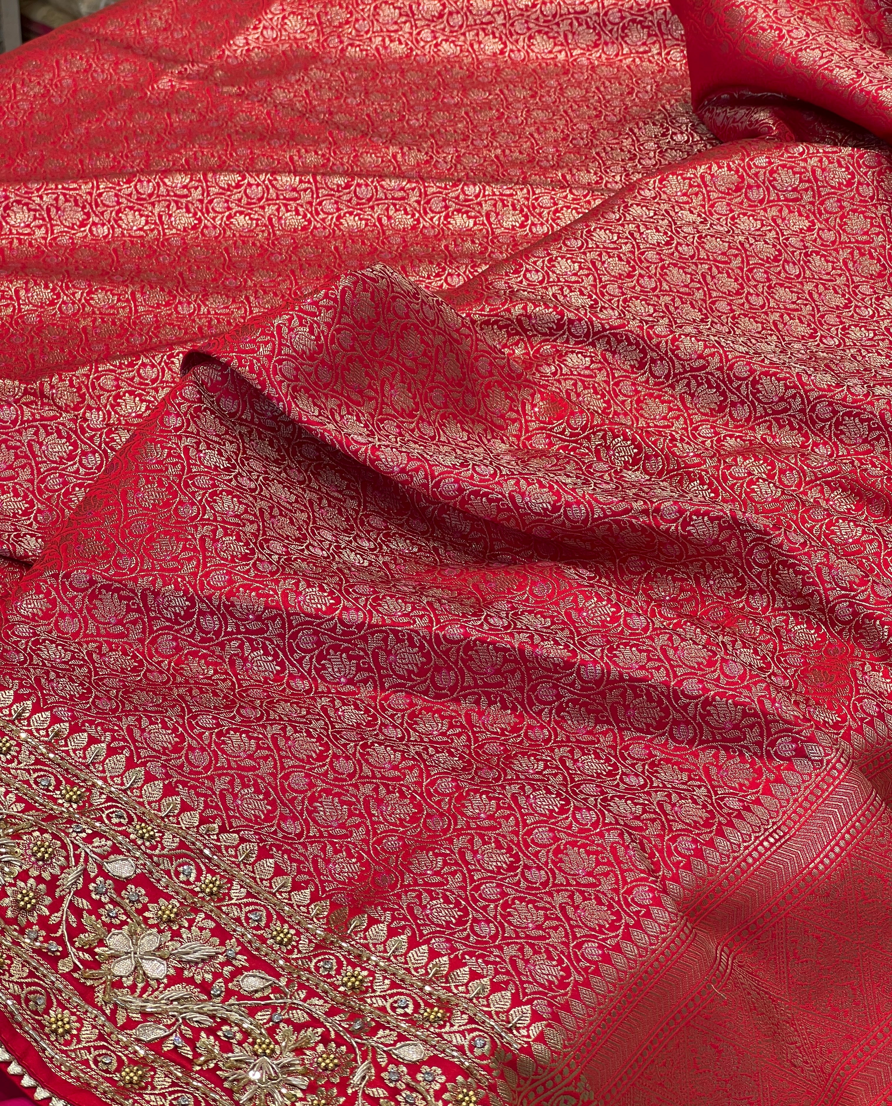 Red Banarasi Silk Butta Hand Embroidery Saree