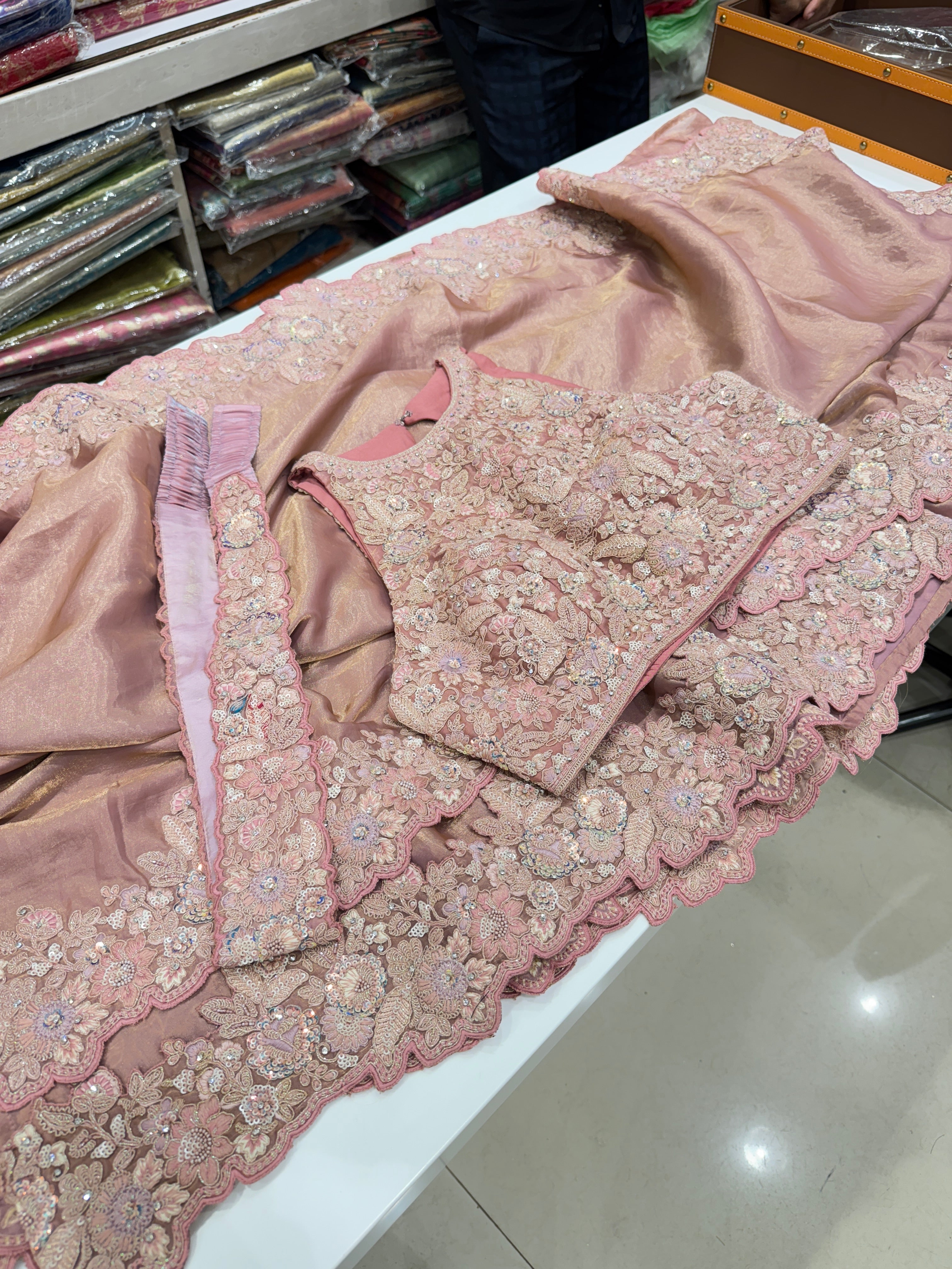 Pink Satin Tissue Embroidered Saree with Ready Blouse