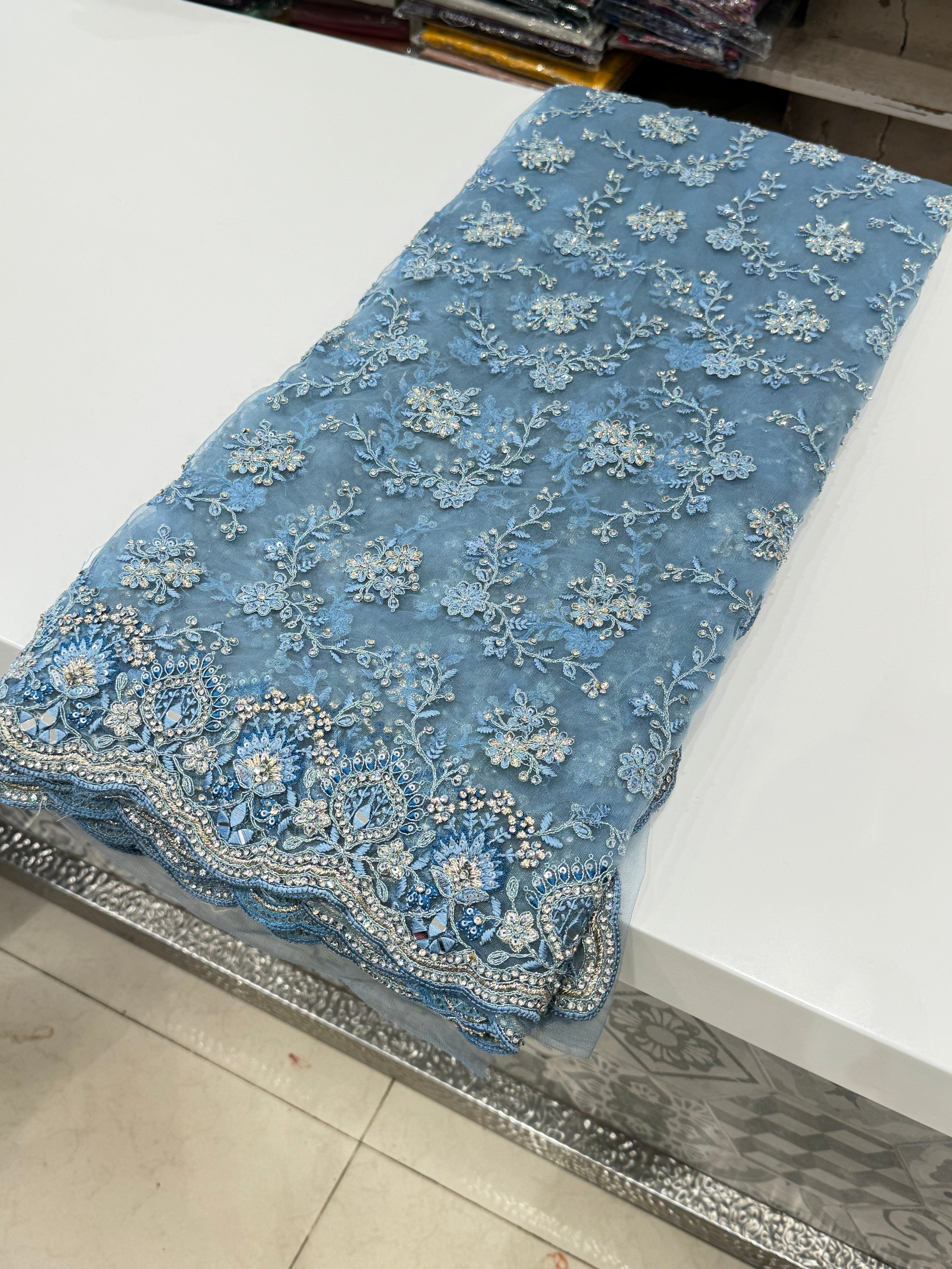 Blue Net Mirror Zari Embroidery Saree