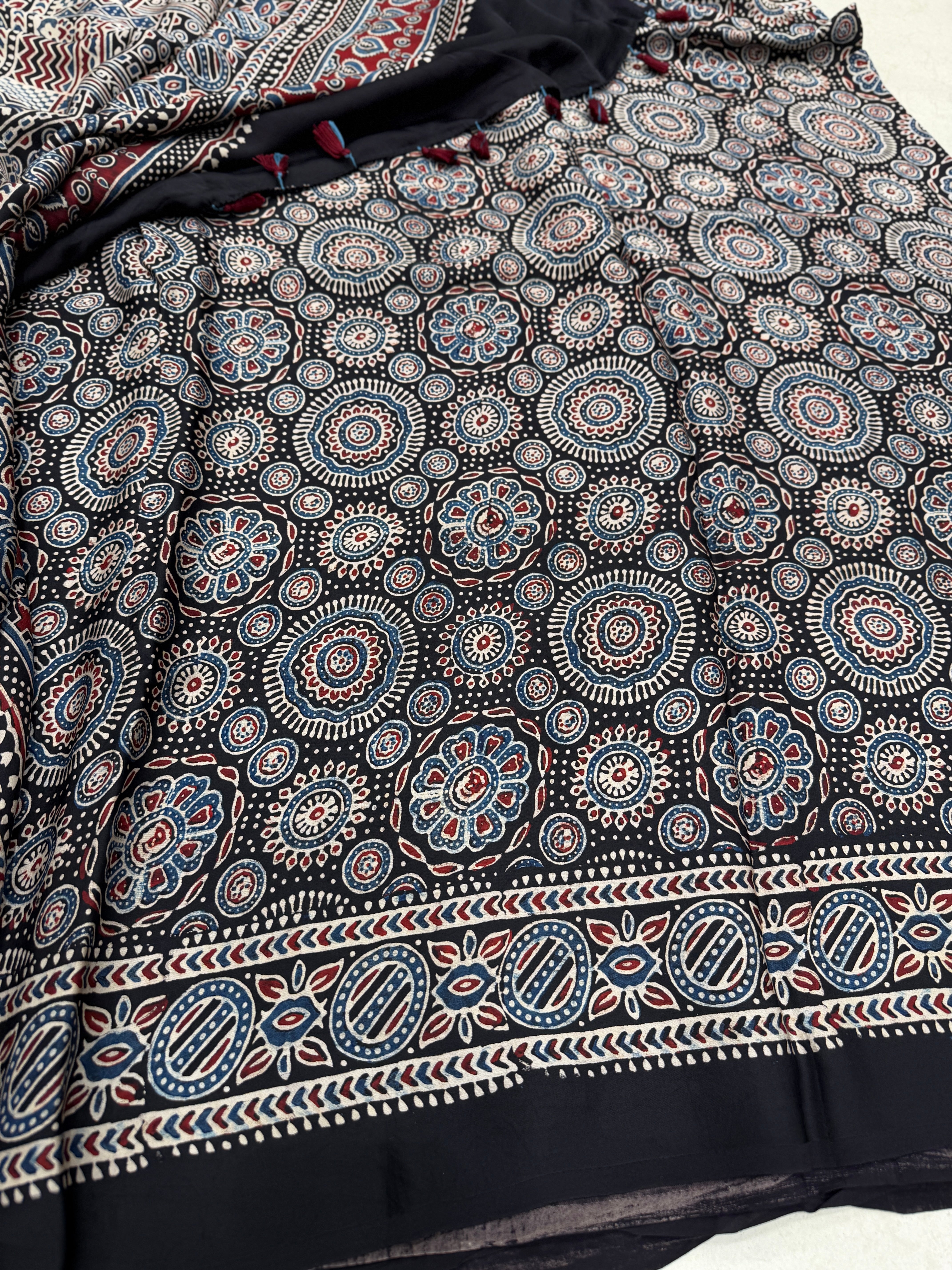 Black Buttis Ajrakh Hand Block Print Pure Modal Silk Saree