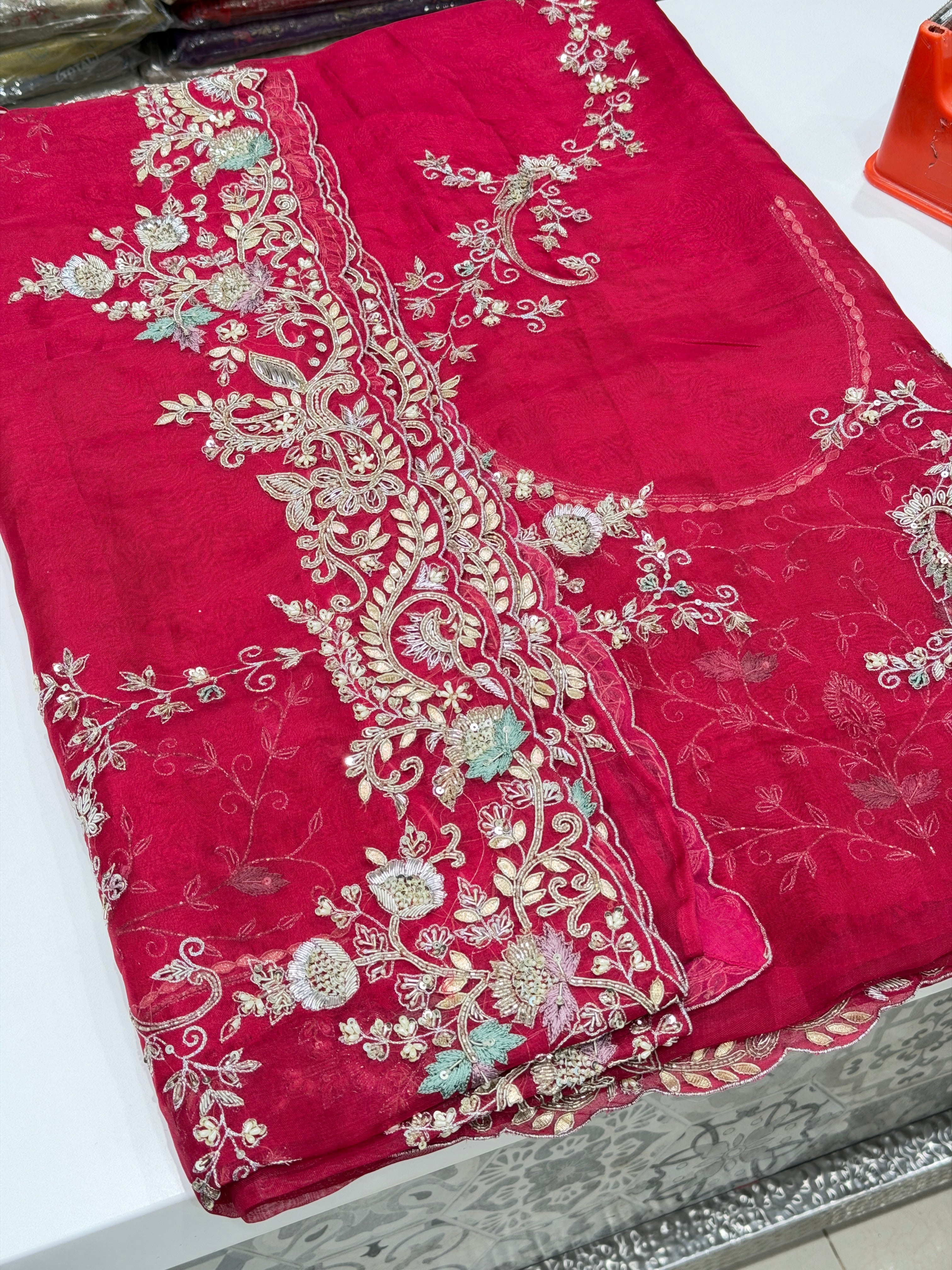 Rani Pink Organza Open Border Zardosi Hand Embroidery Saree