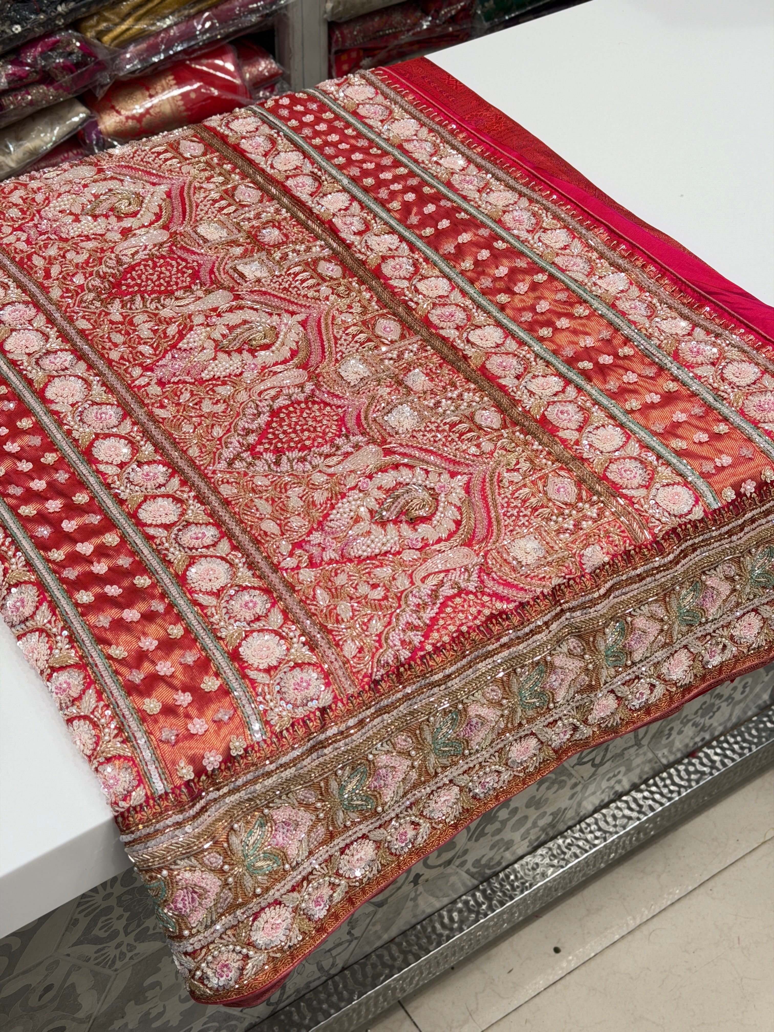 Rani Pink Kanjivaram Moti Zardosi Peacock Motif Hand Embroidery Saree