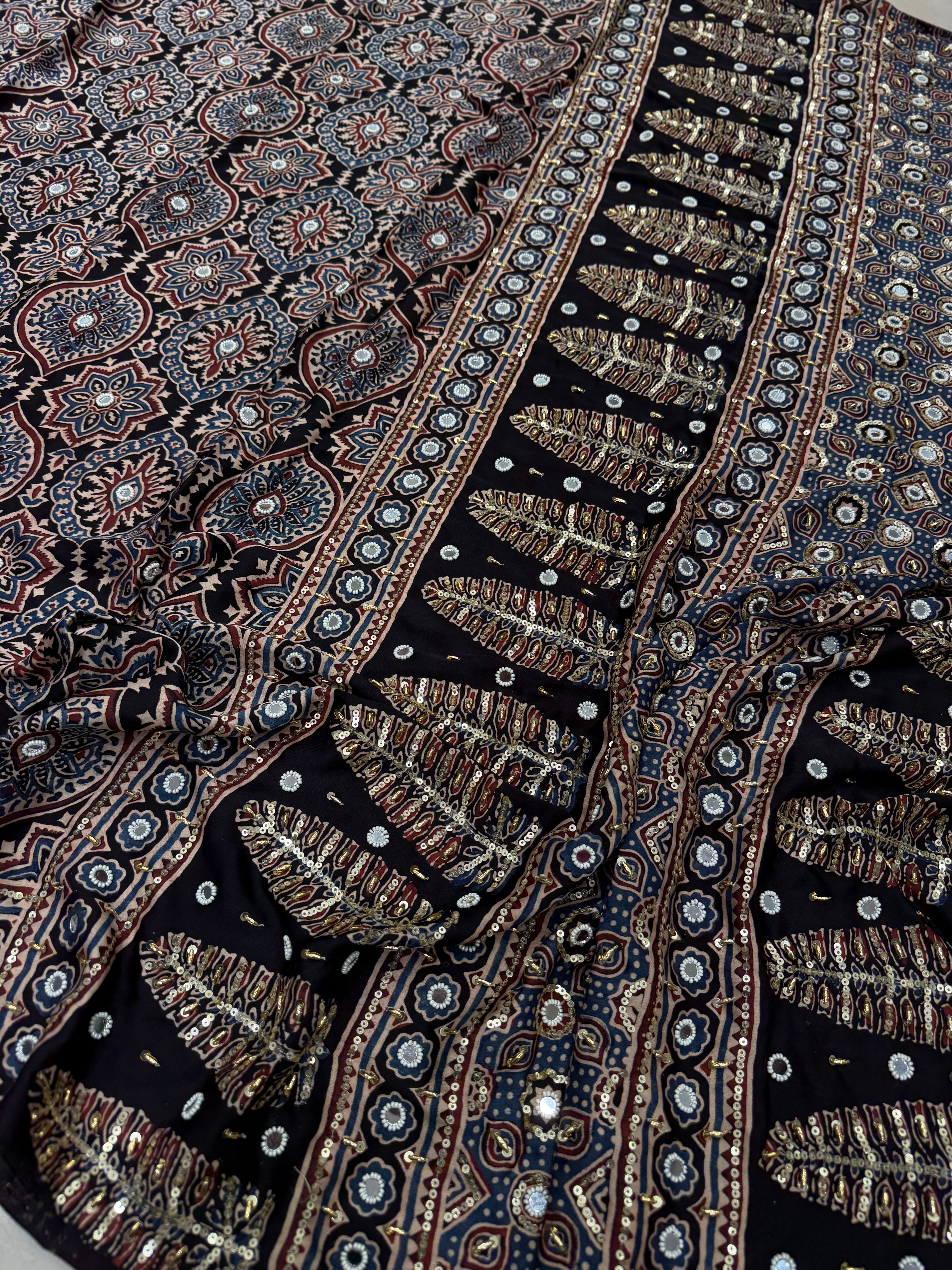 Black Badam Buttas Ajrakh Real Mirror Moti Sequin Hand Embroidery Saree