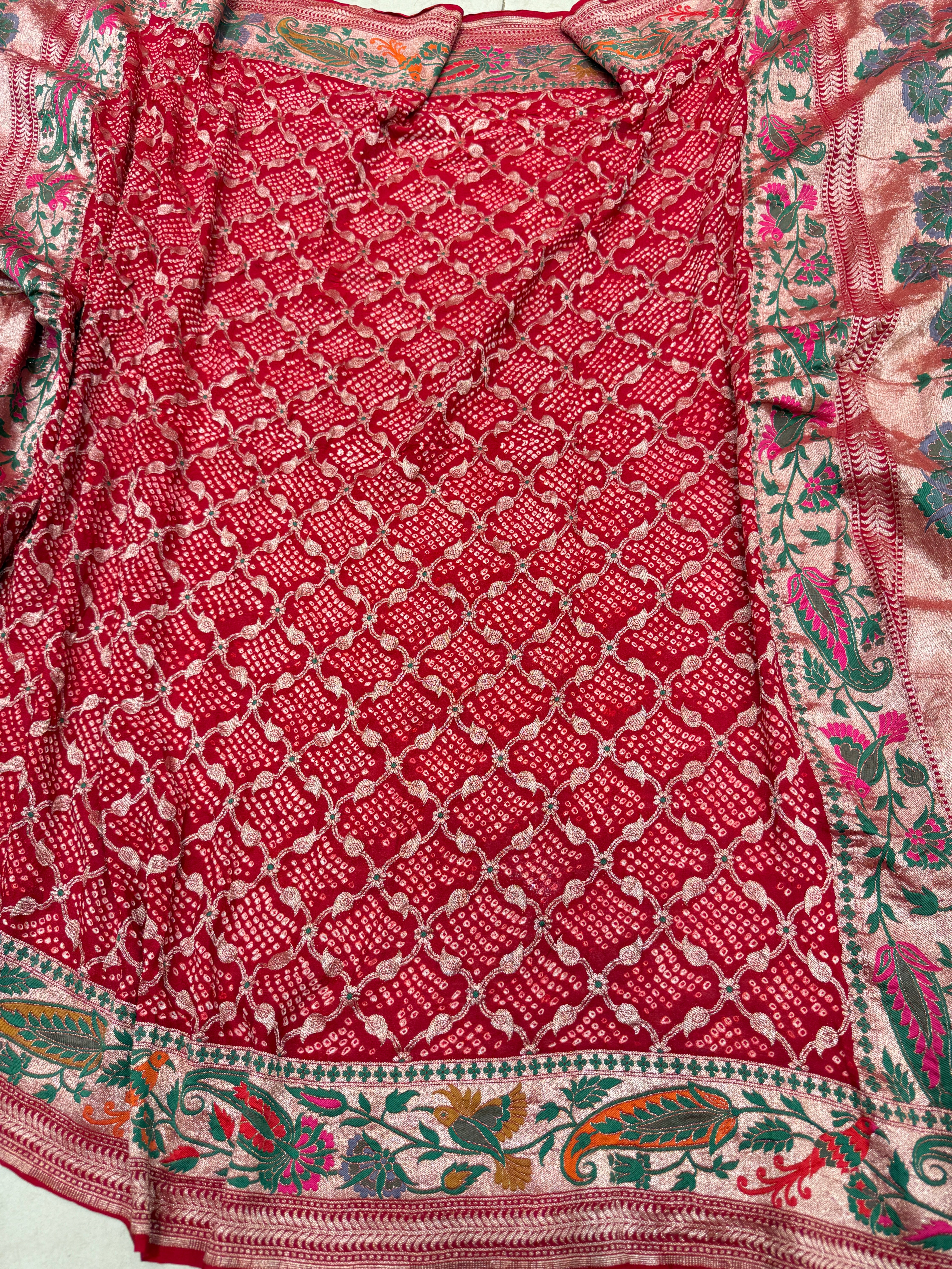 Red Handloom Floral Meenakari Rai Bandhej Pure Zari Dupatta