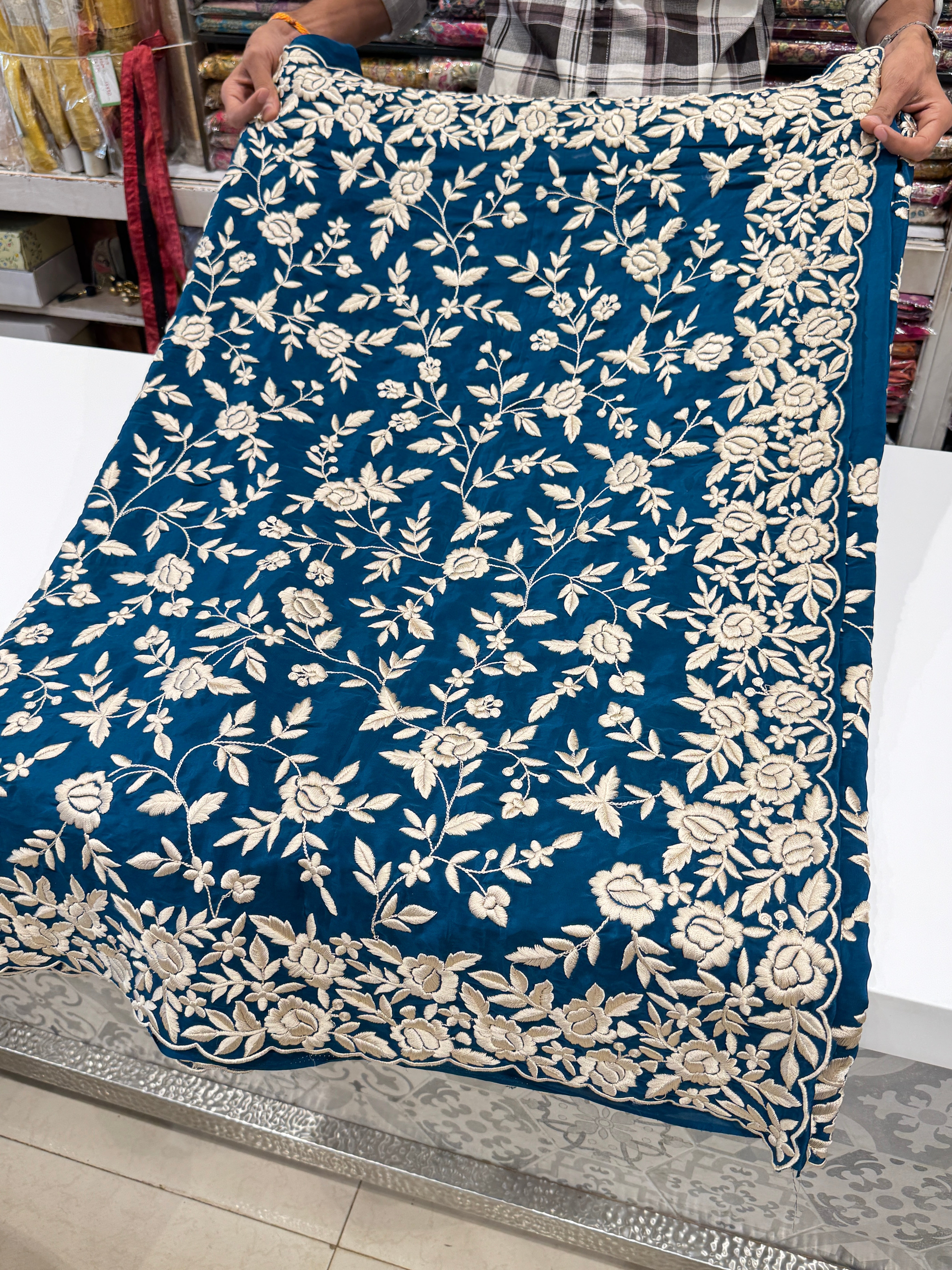 Petrol Blue Crepe Parsi Gara Saree