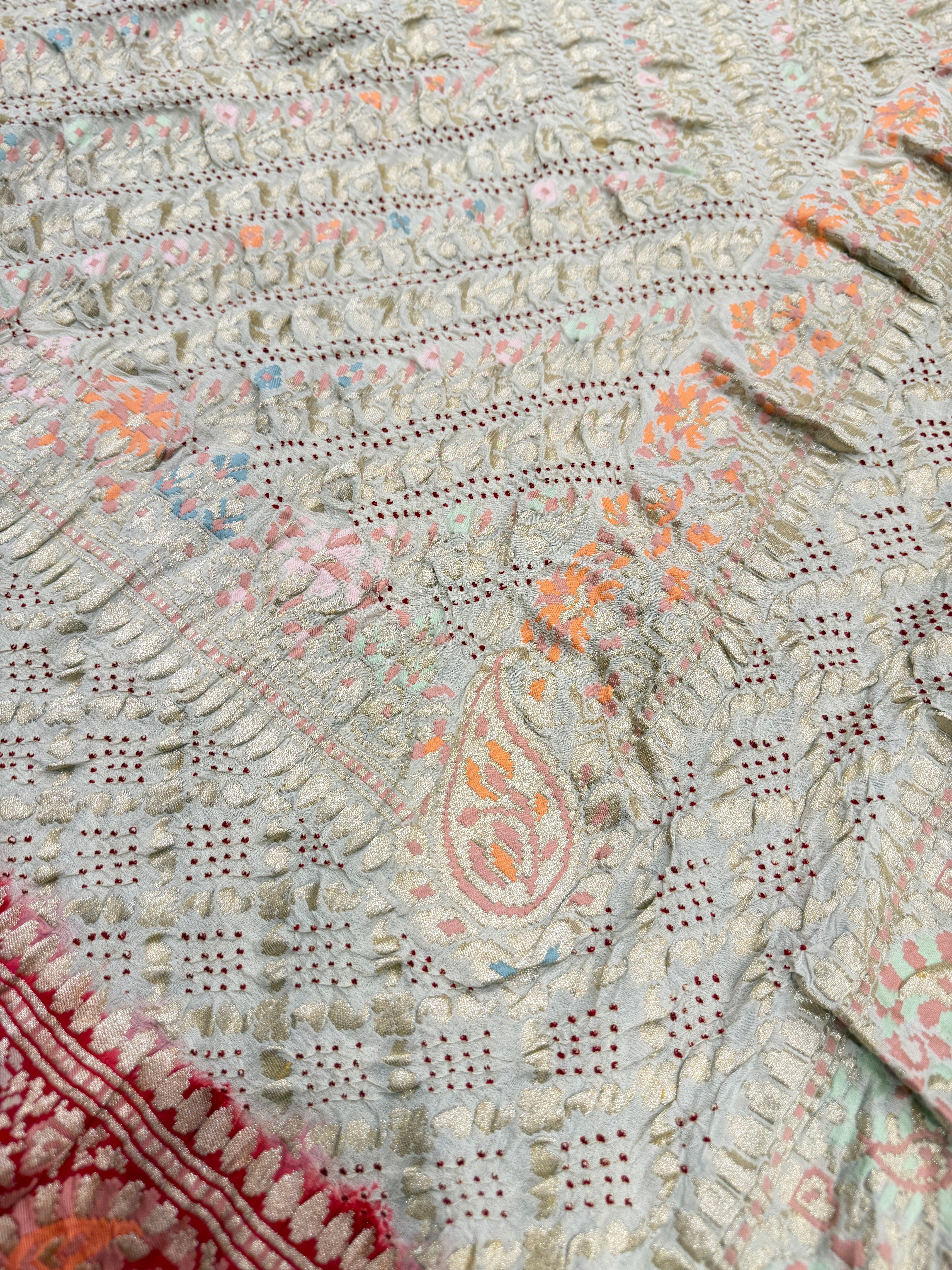 Beige Red Meenakari Rai Bandhej Pashmina Style Weave Saree