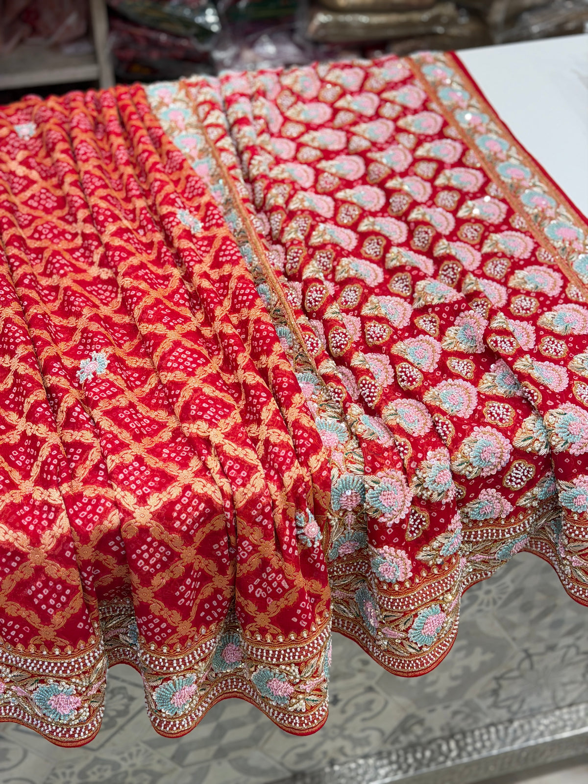 Red Bandhej Moti Zardosi Hand Embroidery Saree