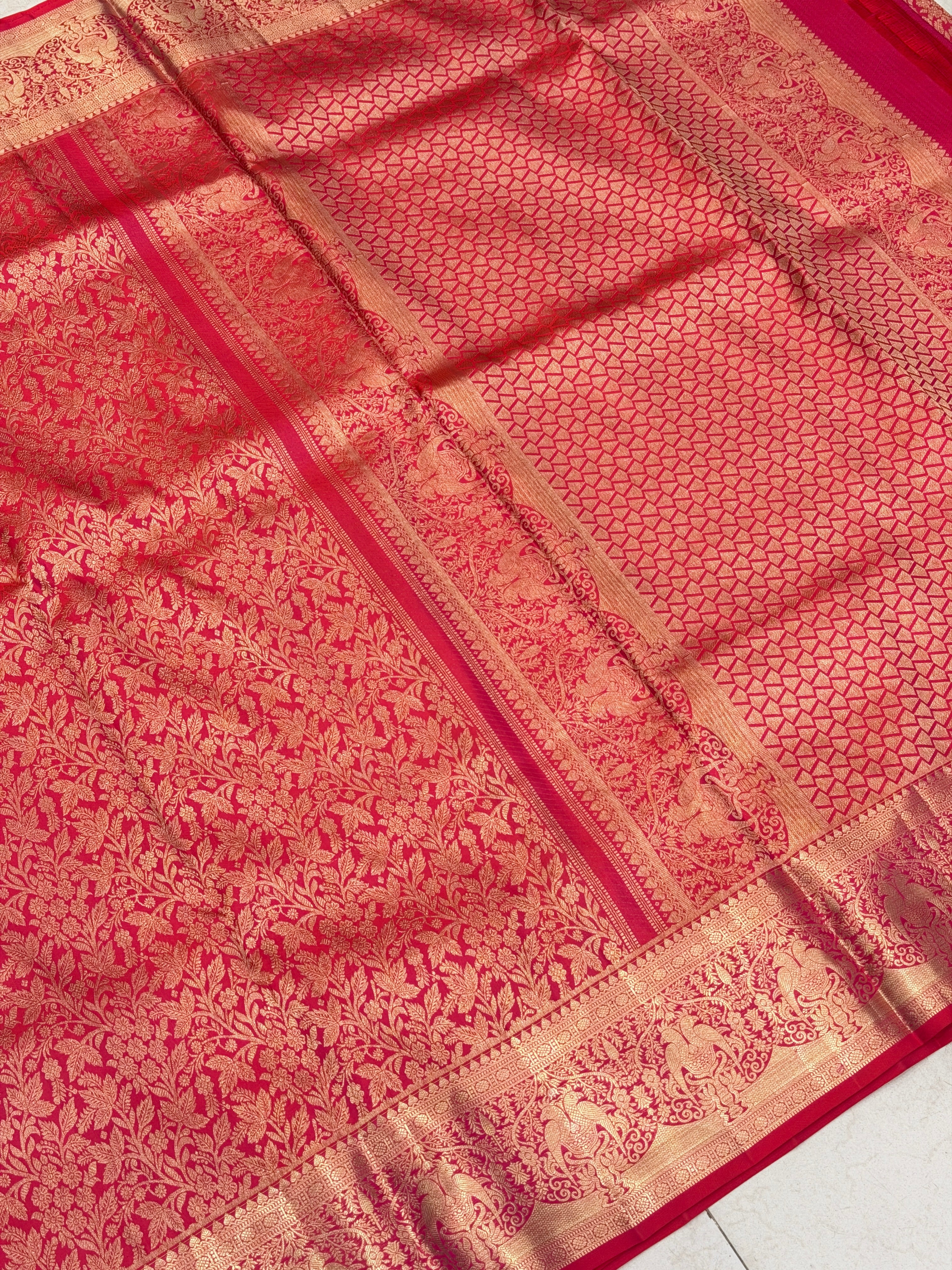 Cross Red Pure Silk Parrot Motifs Kanjivaram Saree