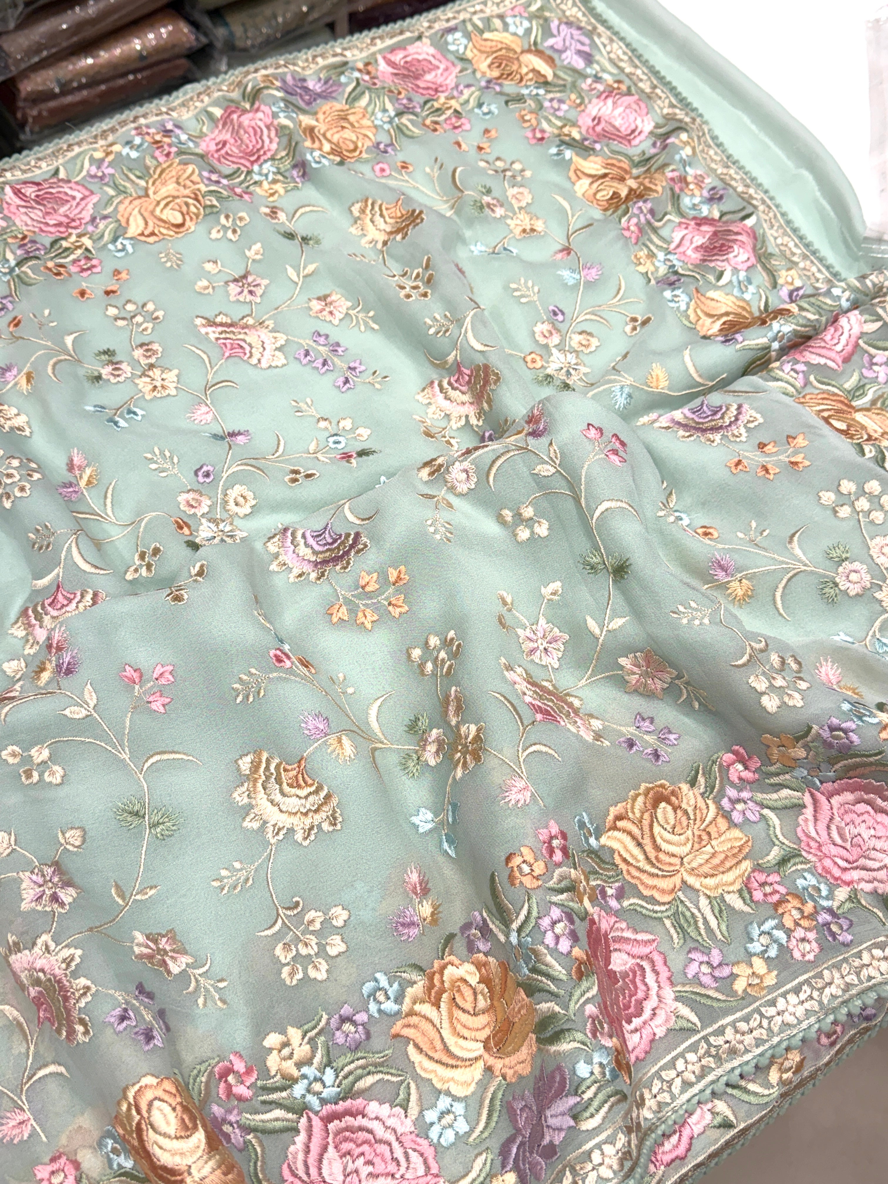 Sea Green Jaal Georgette Multi Colour Parsi Gara Saree