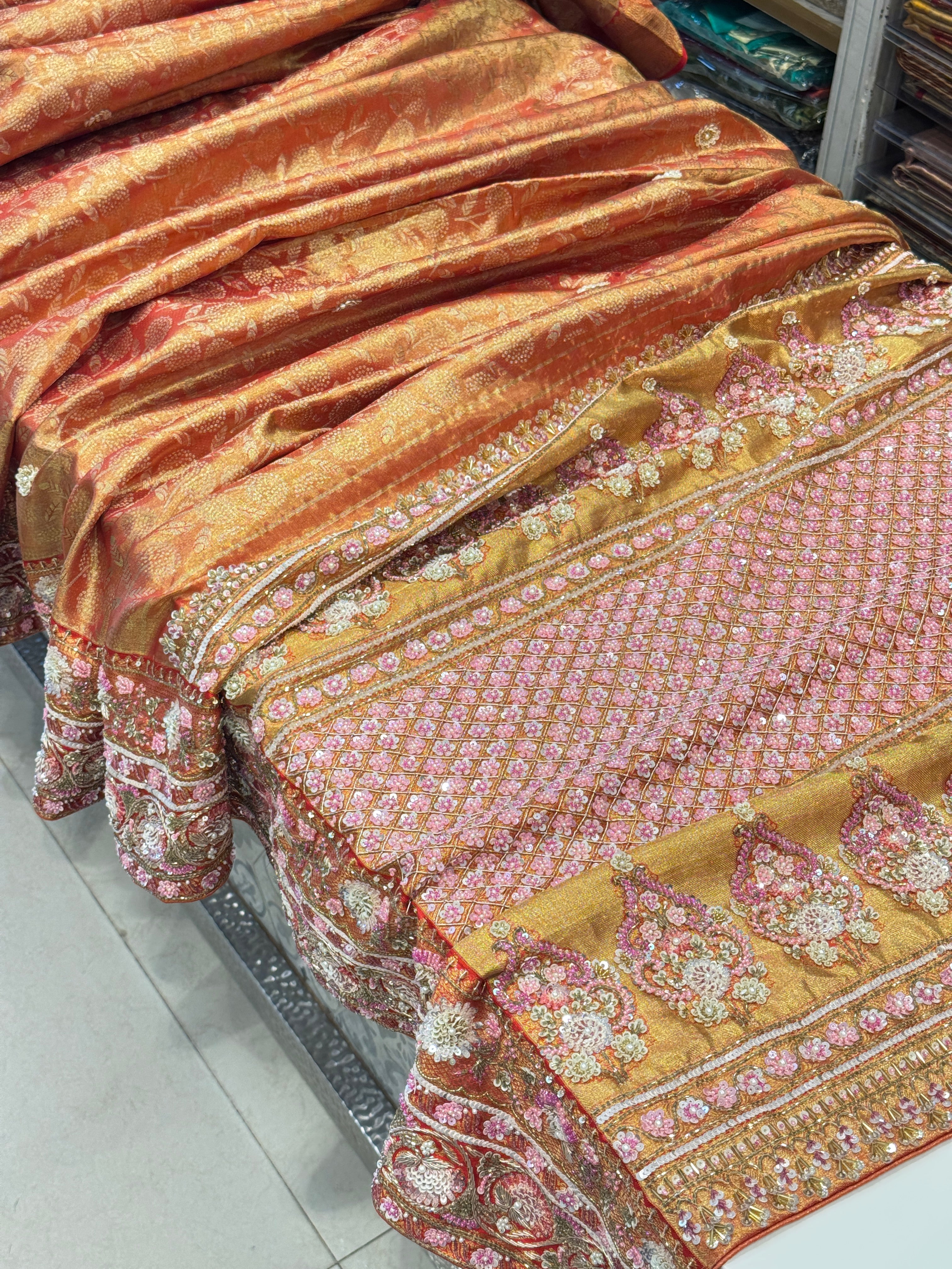 Red Golden Kanjivaram Moti Zardosi Hand Embroidery Saree
