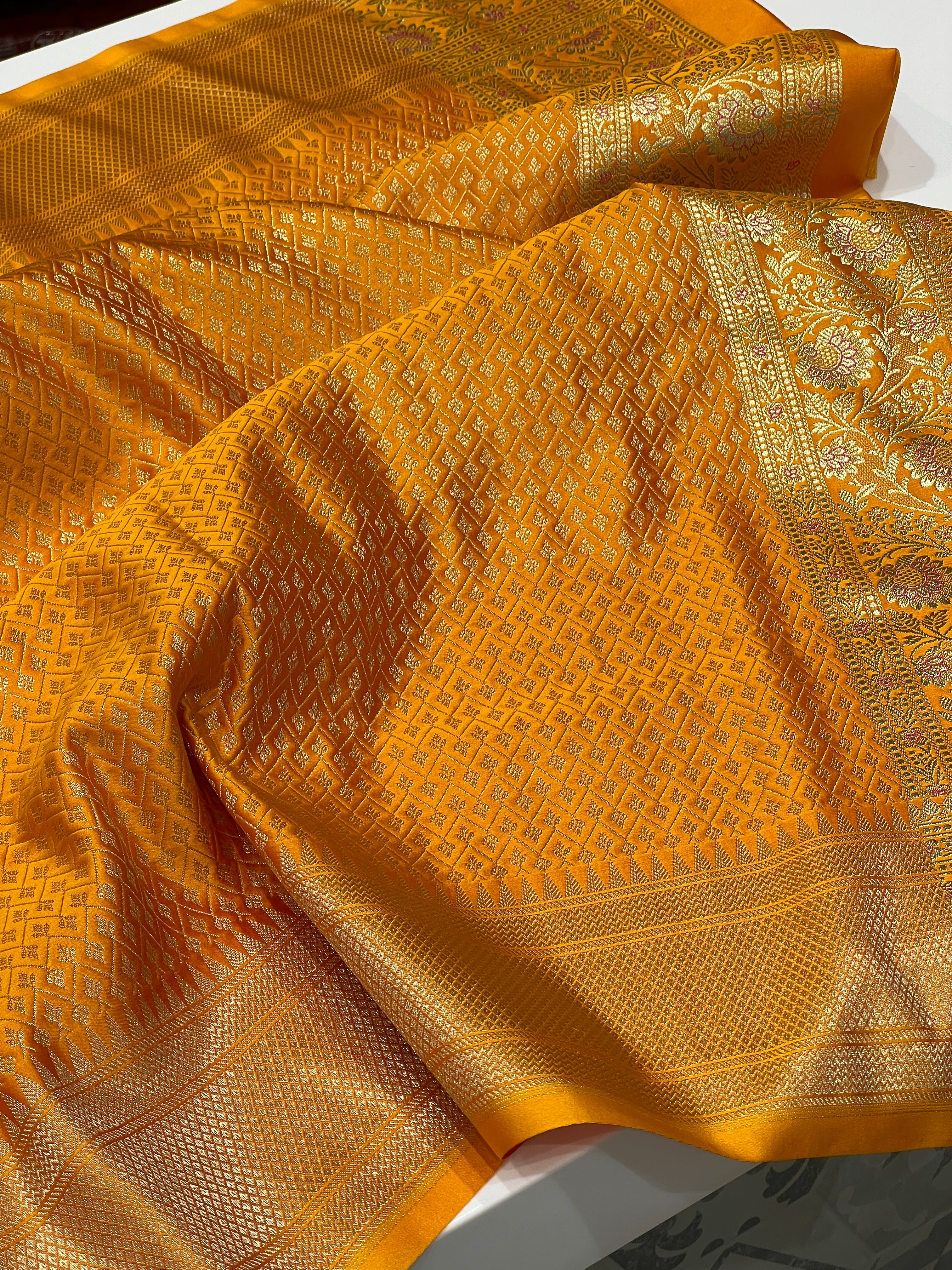 Mango Yellow Banarasi Upside Down Border Saree