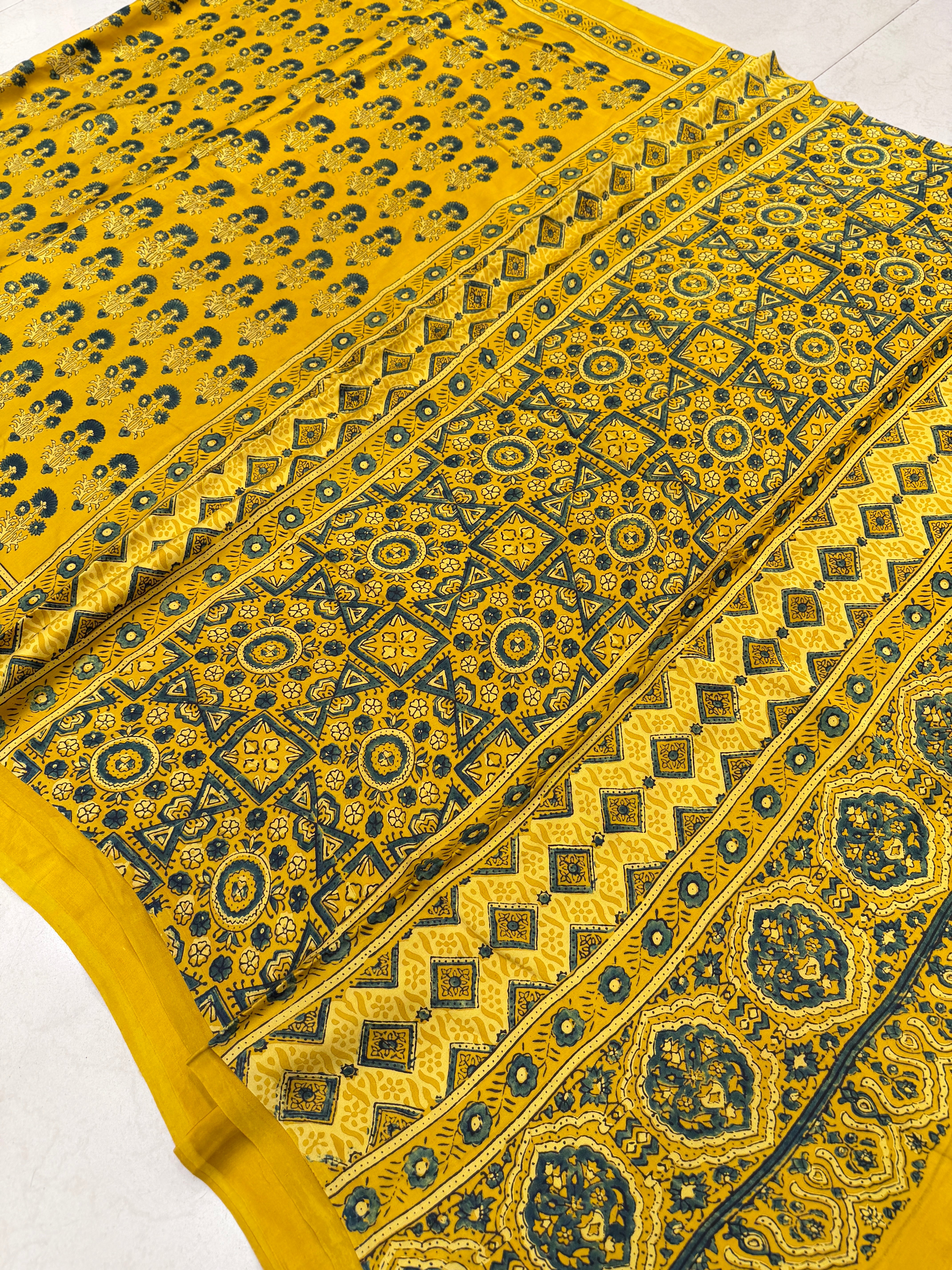 Yellow Floral Buttas Ajrakh Block Print Hand Pure Gajji Silk Saree
