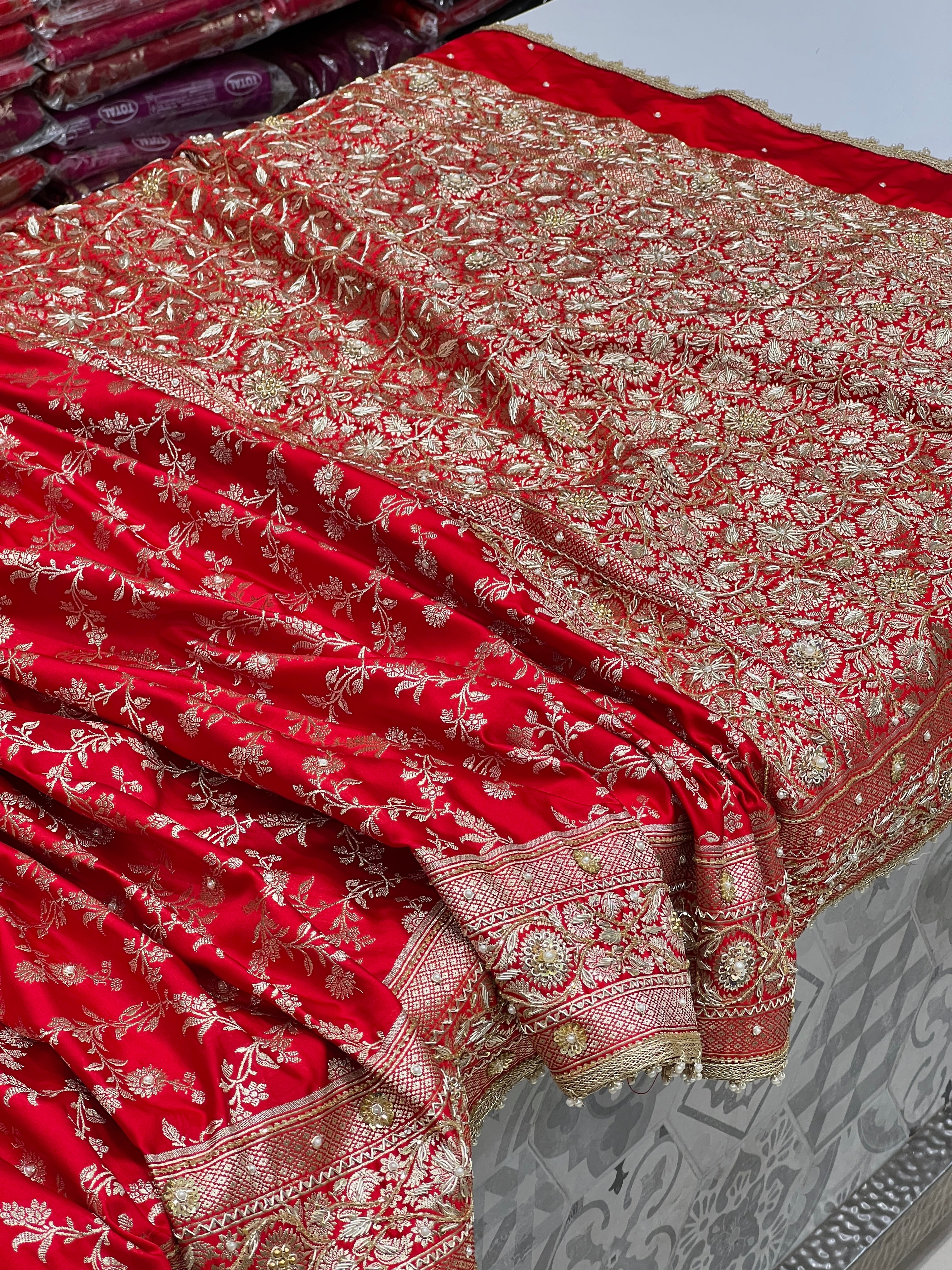 Red Banarasi Jaal Sequin Zardosi Embroidery Saree