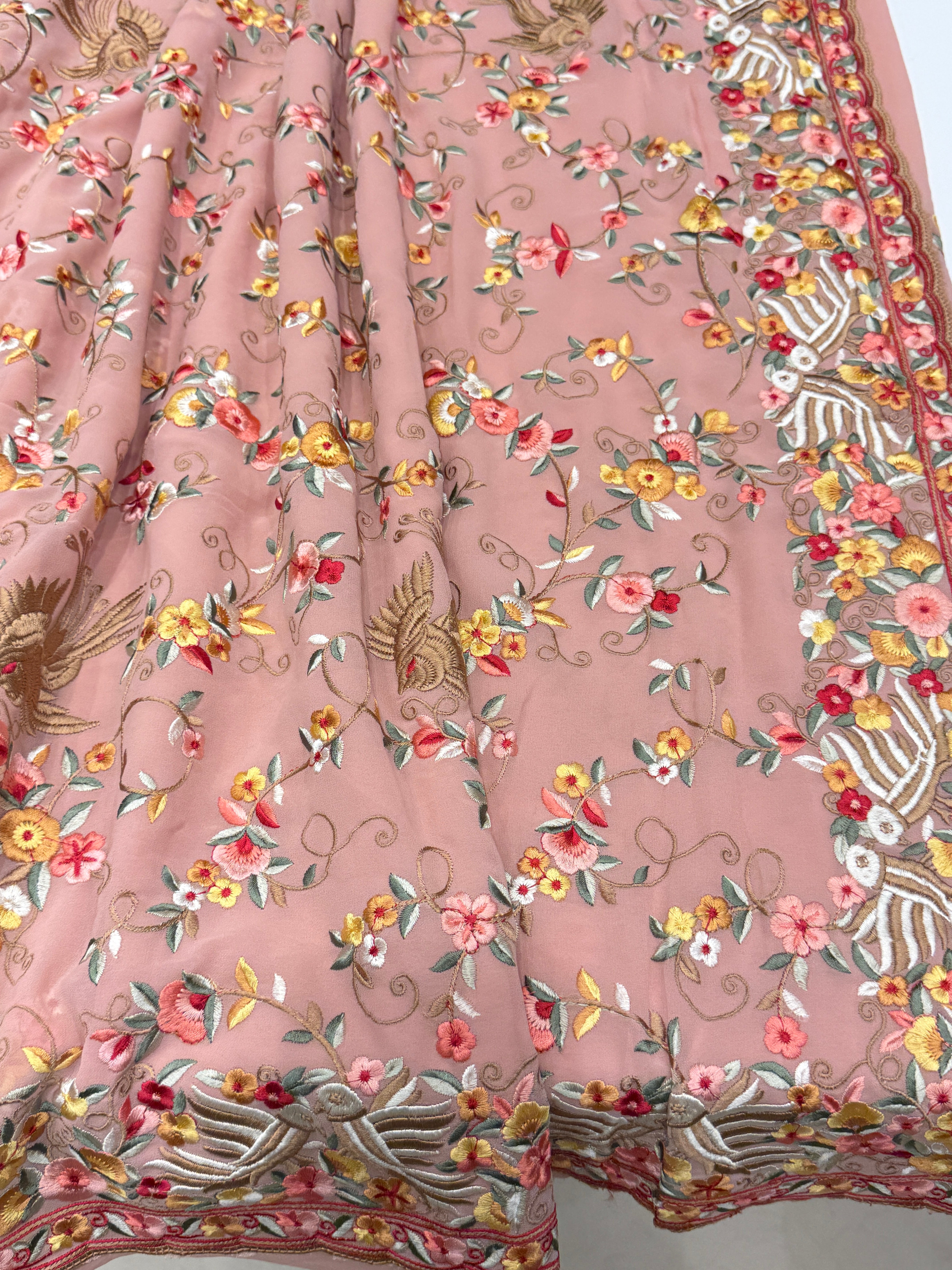 Pink Georgette Multi Colour Jaal Floral Parsi Gara Saree