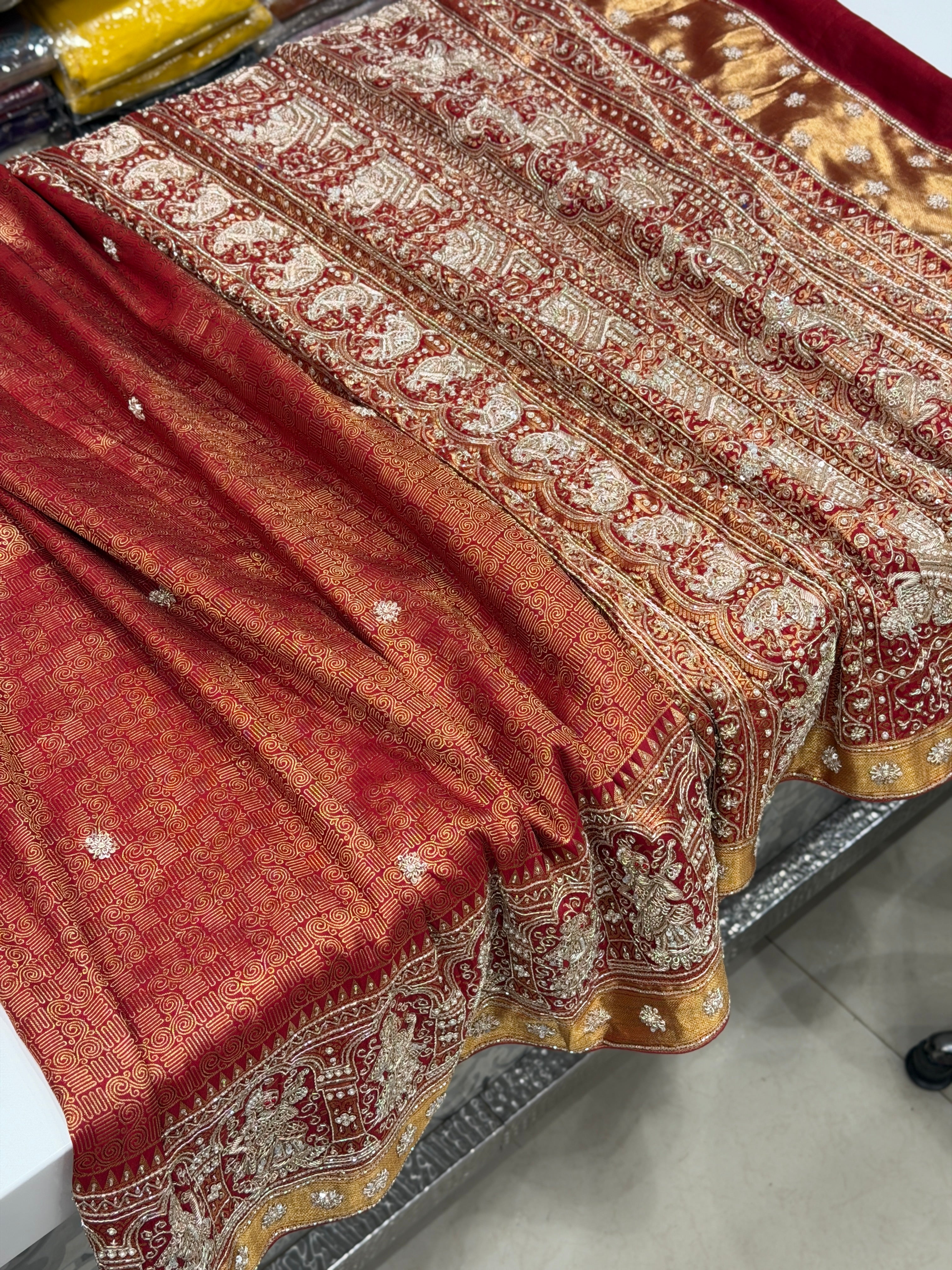 Maroonish Red Kanjivaram Zardosi Hand Embroidery Baluchari Style Saree