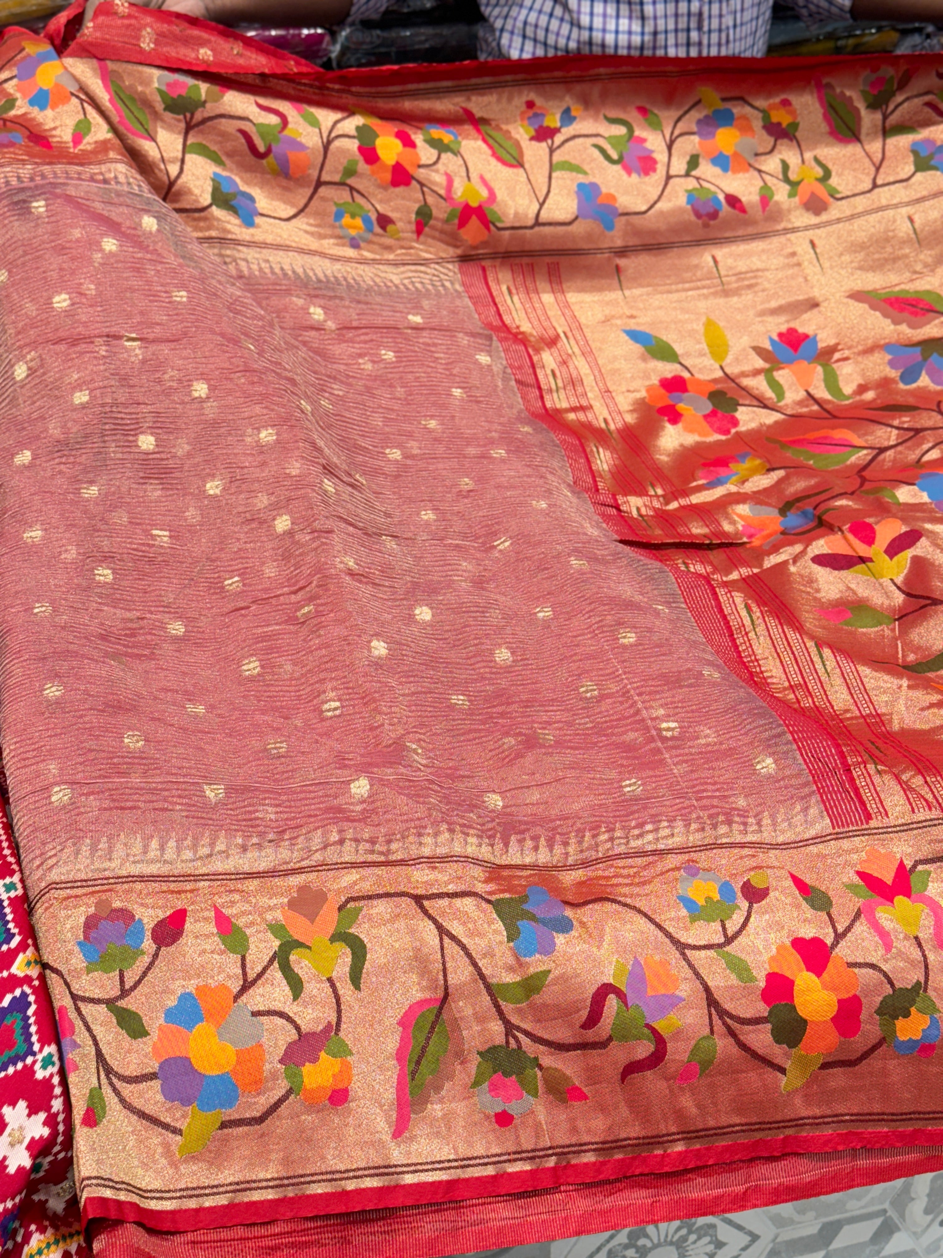 Crimson Crushed Tissue Flower Paithani Saree