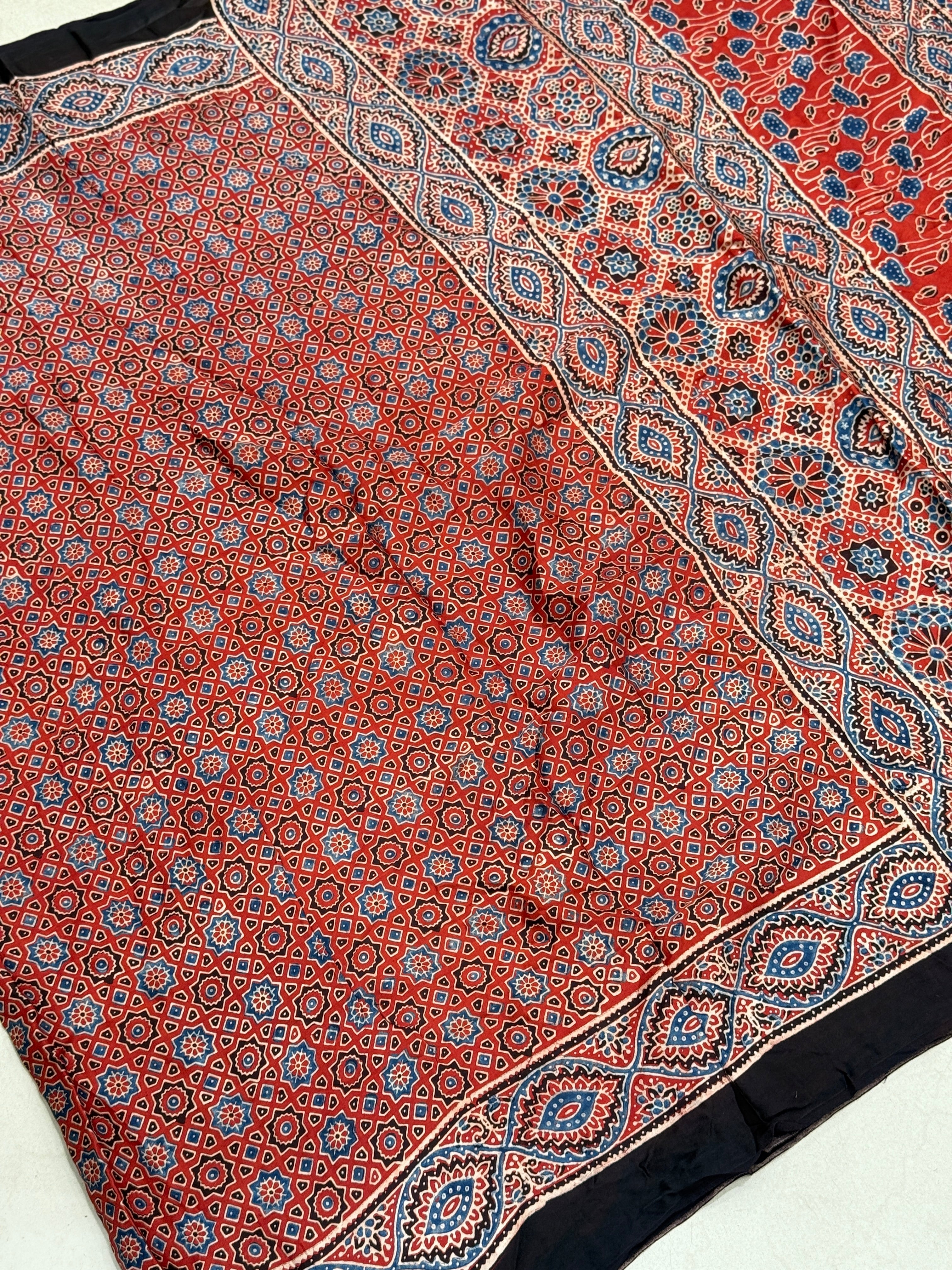 Red Star Butti Ajrakh Block Print Hand Pure Gajji Silk Saree