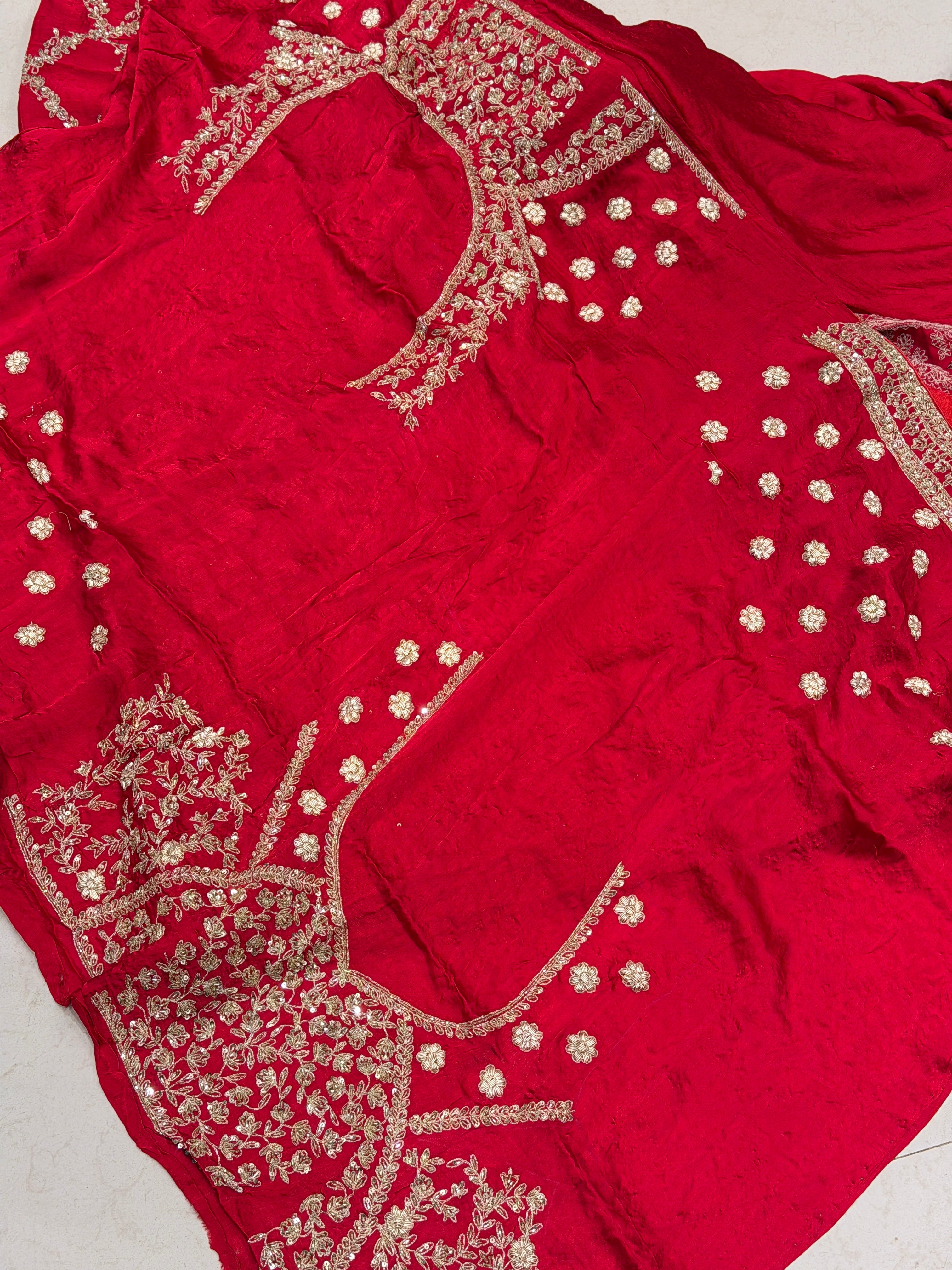 Red Crepe Satin Sabyasachi Inspired Zardosi Jaal Embroidery Saree