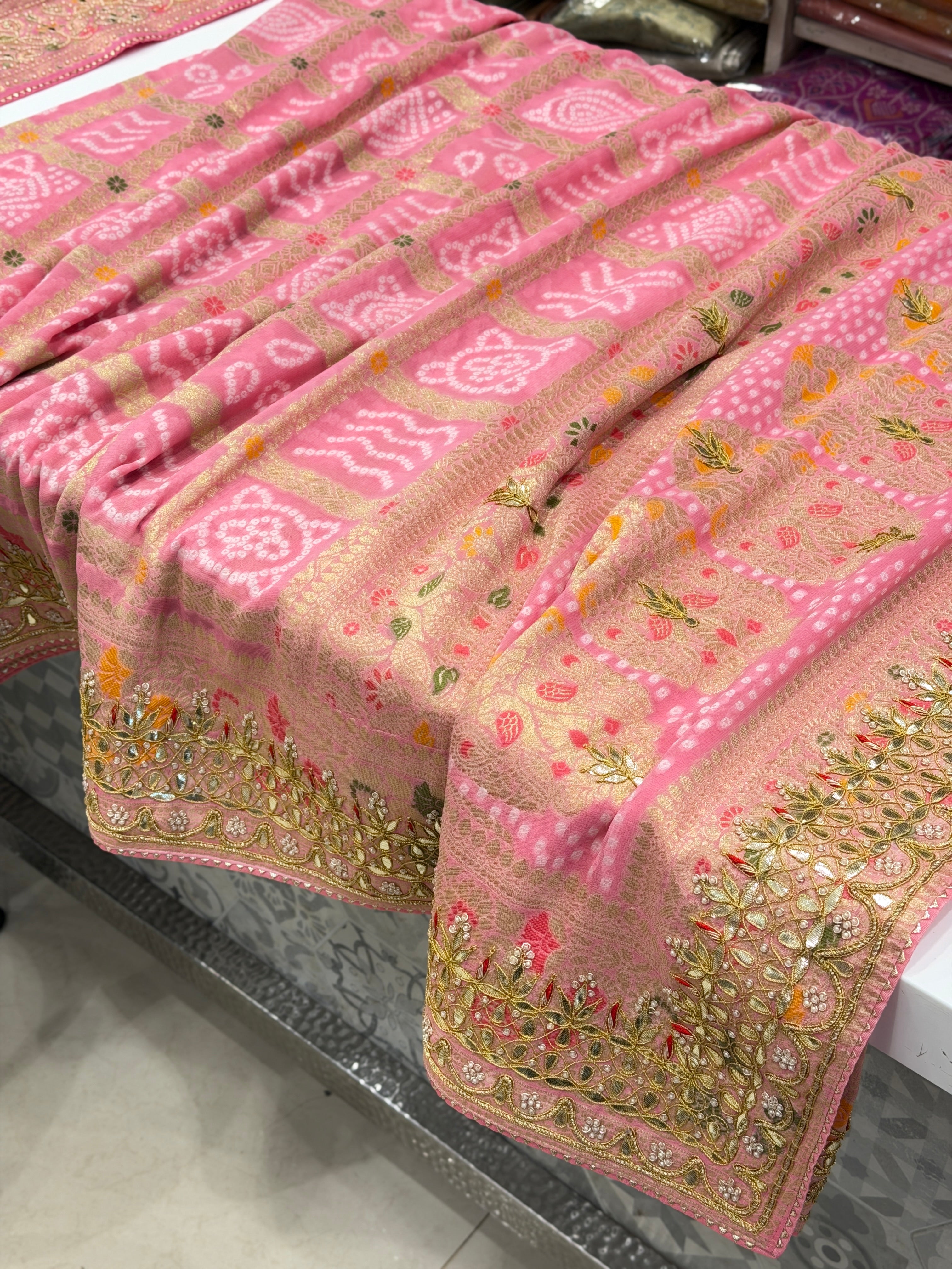 Pink Gharchola Gotapatti Marodi Hand Embroidery Georgette Saree