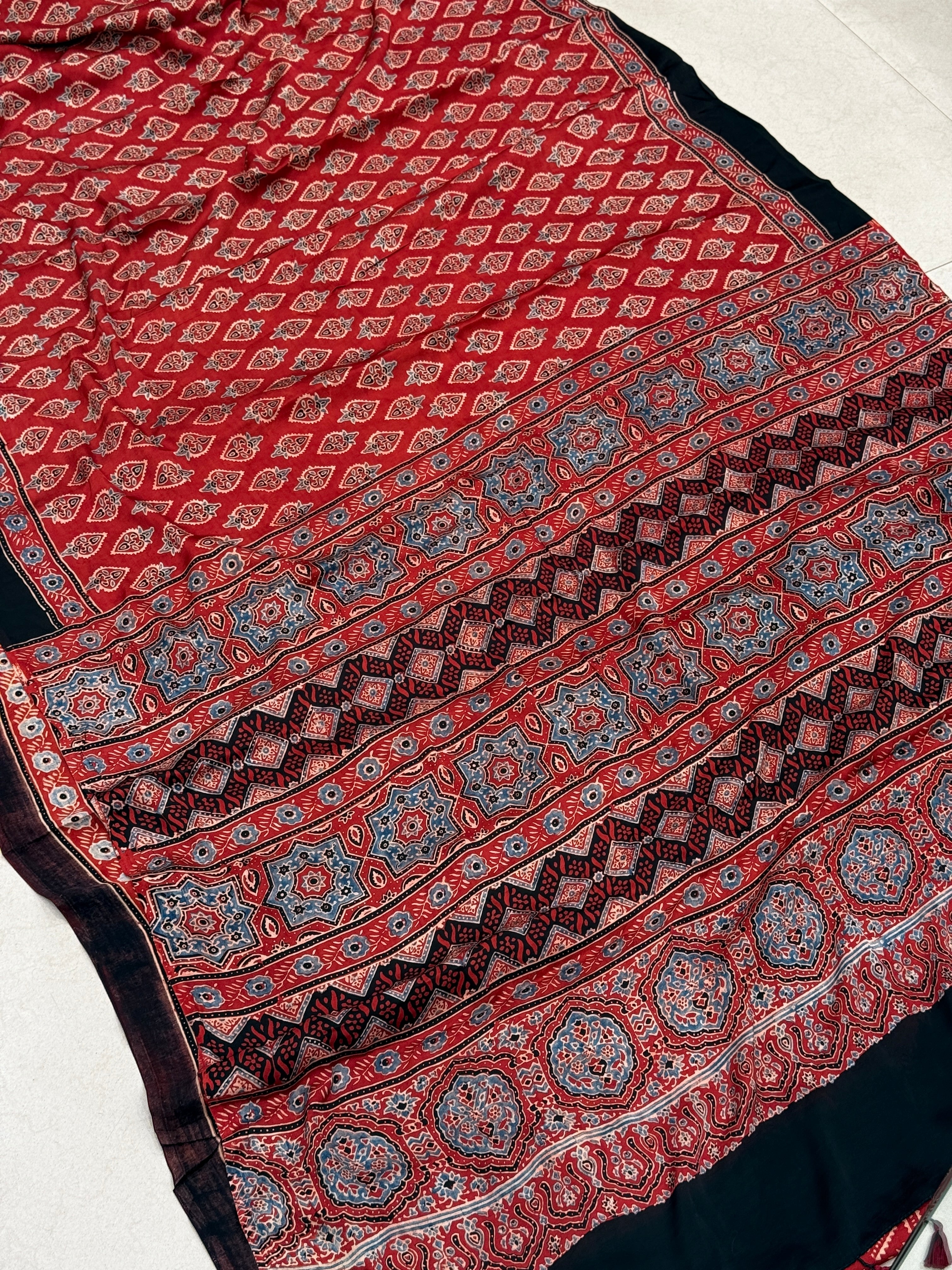Red Buttis Ajrakh Block Print Hand Pure Gajji Silk Saree