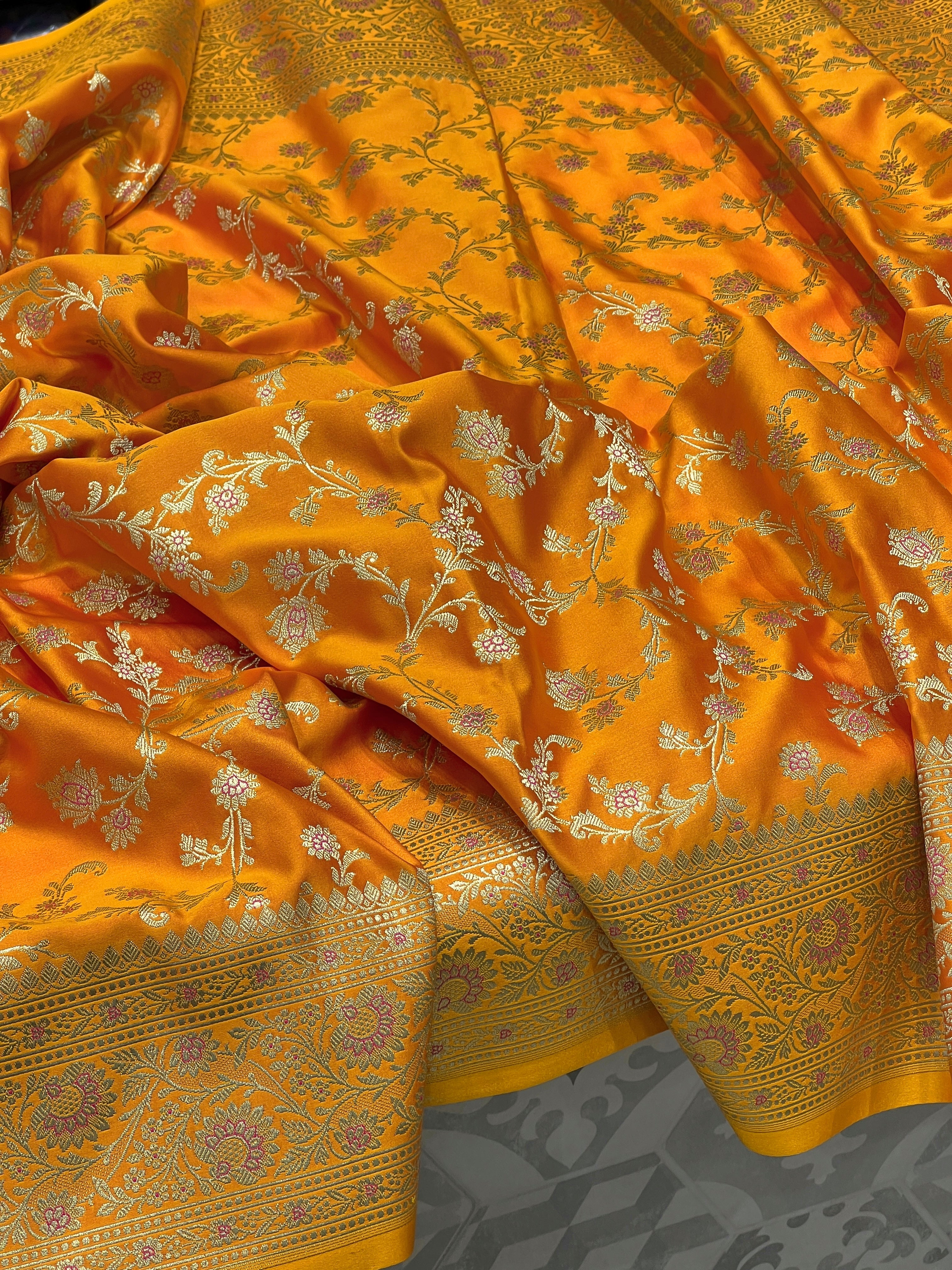 Mango Yellow Banarasi Upside Down Border Saree