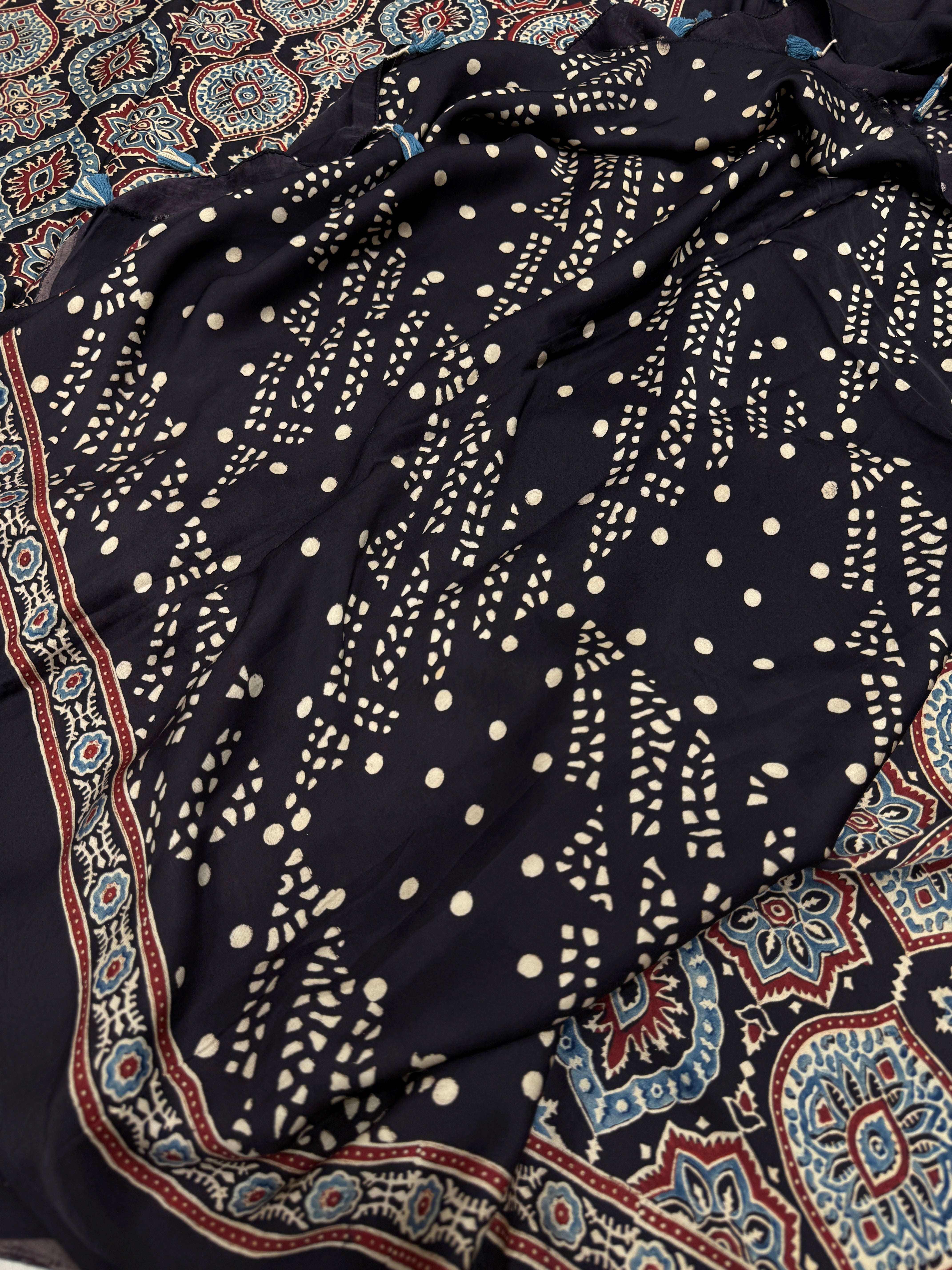 Blue Moon Pallu Ajrakh Modal Gajji Silk Saree