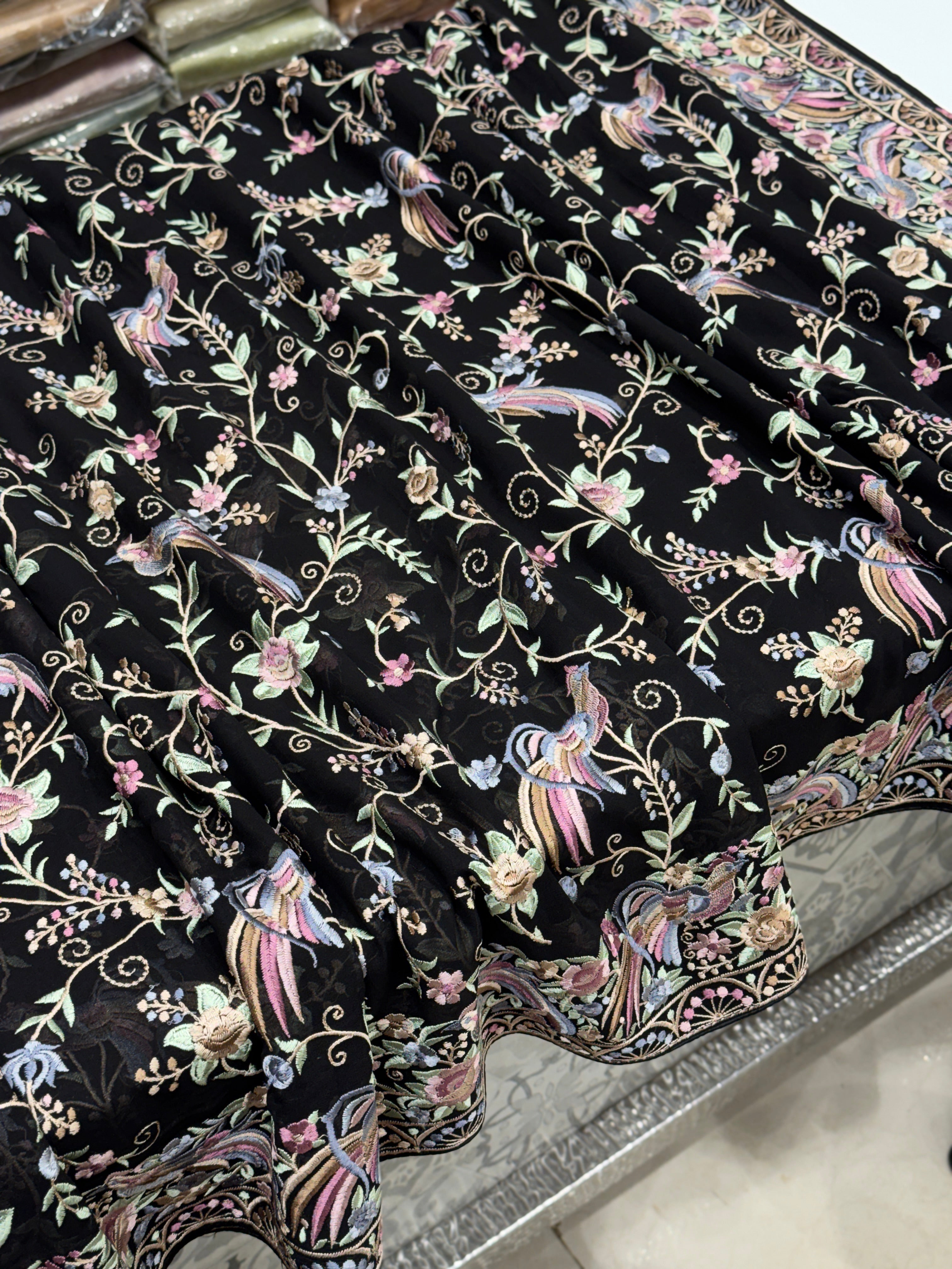 Black Multi Georgette Floral Parsi Gara Saree